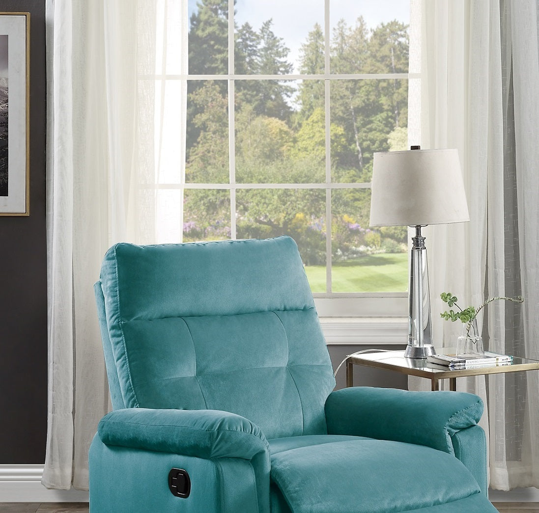 Luxurious Velvet Teal Blue Color Motion Recliner Chair 1Pc Couch Manual Motion Plush Armrest Tufted Back Living Room Furniture Chair Teal Blue Velvet Manual Handle Metal Primary Living Space Cushion Back Contemporary,Modern,Transitional Handle Pillow Top