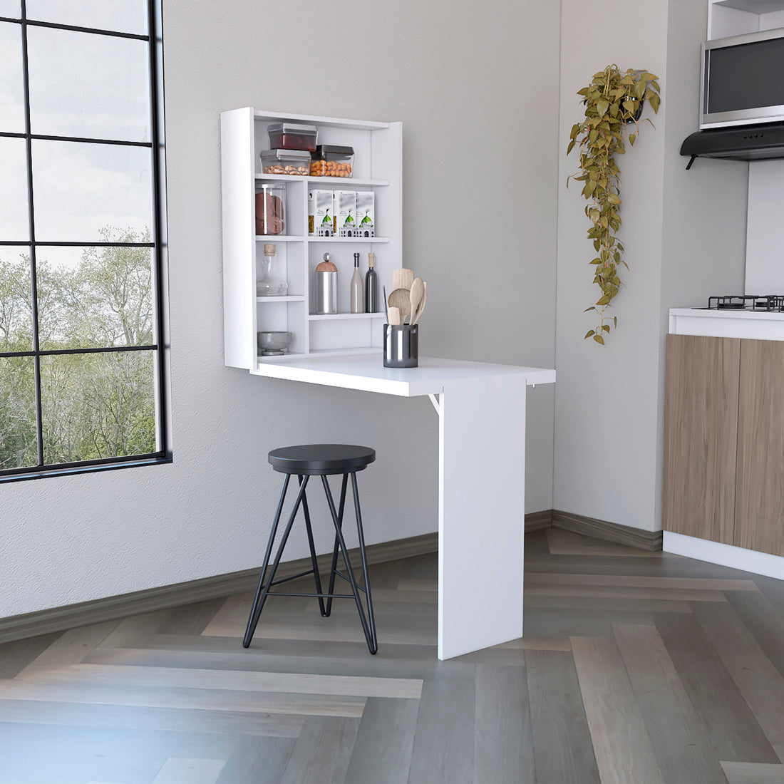 Wall Foldable Table With Multiple Shelves, White White Particle Board Particle Board