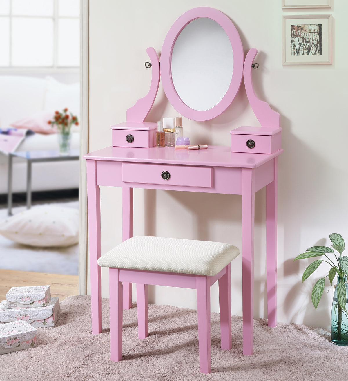 Moniys Wood Moniya Makeup Vanity Table And Stool Set, Pink Pink Wood