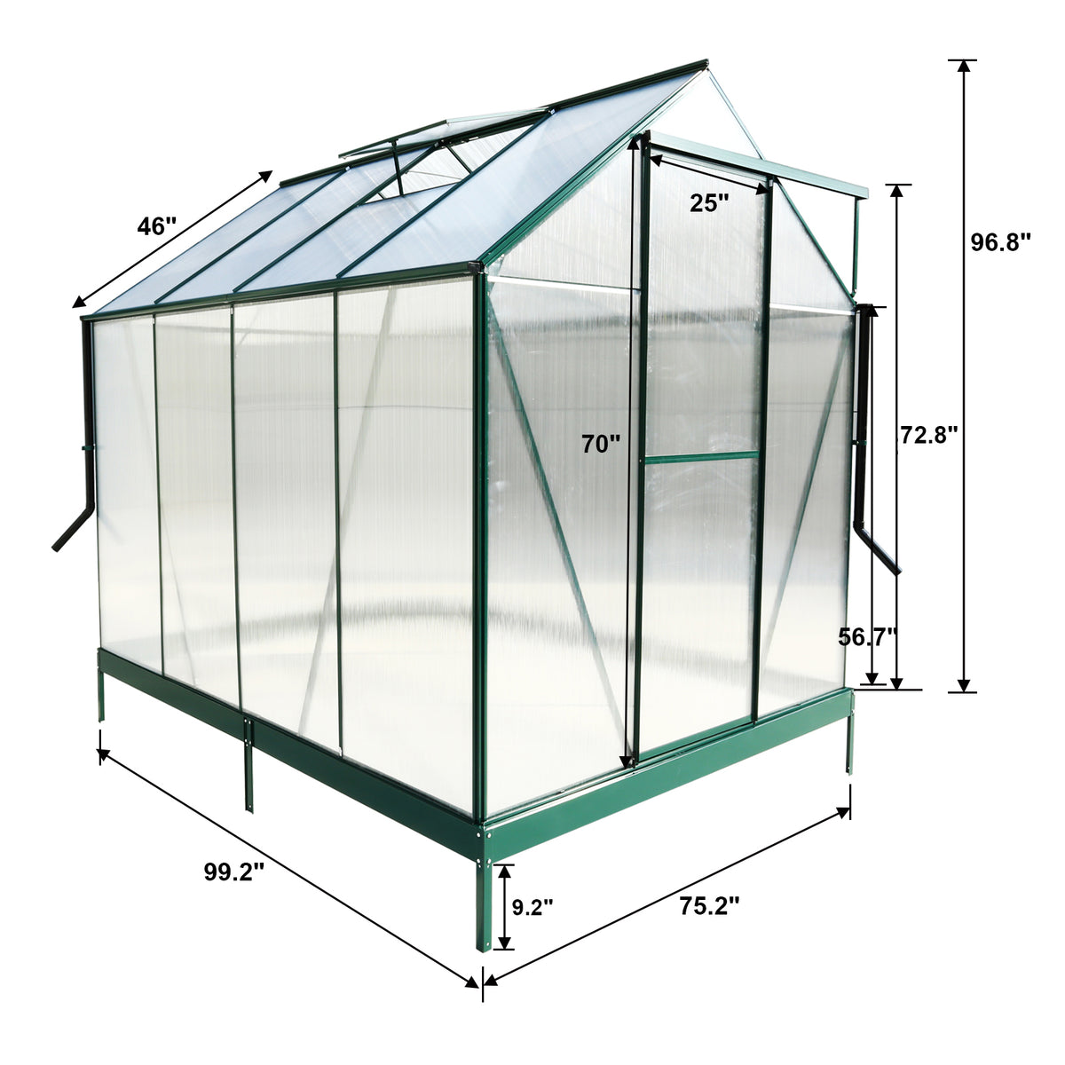 6.3'*8.2'*7' Polycarbonate Greenhouse, Heavy Duty Outdoor Aluminum Walk In Green House Kit With Rain Gutter, Vent And Door For Backyard Garden, Color Green Green Aluminium