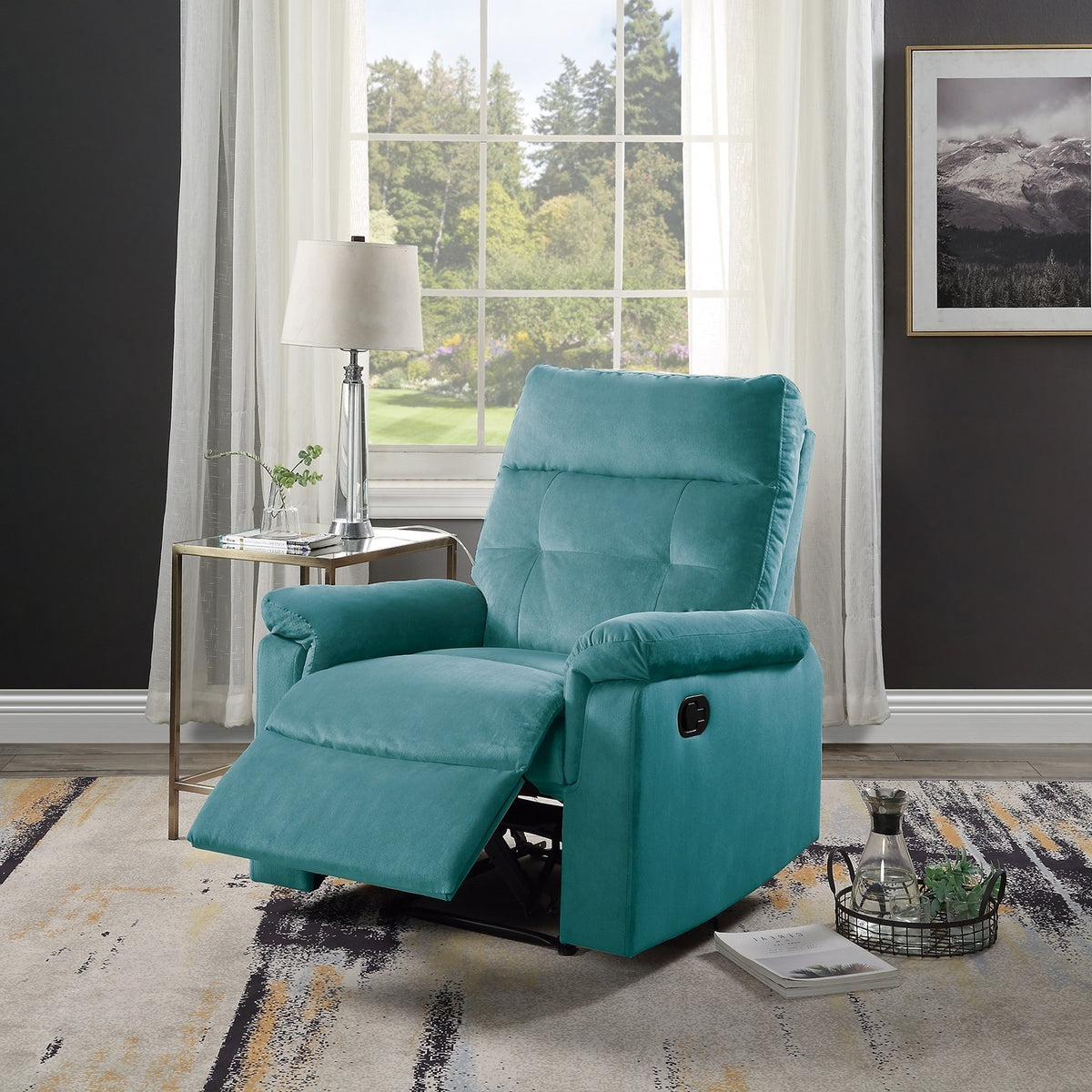 Luxurious Velvet Teal Blue Color Motion Recliner Chair 1Pc Couch Manual Motion Plush Armrest Tufted Back Living Room Furniture Chair Teal Blue Velvet Manual Handle Metal Primary Living Space Cushion Back Contemporary,Modern,Transitional Handle Pillow Top