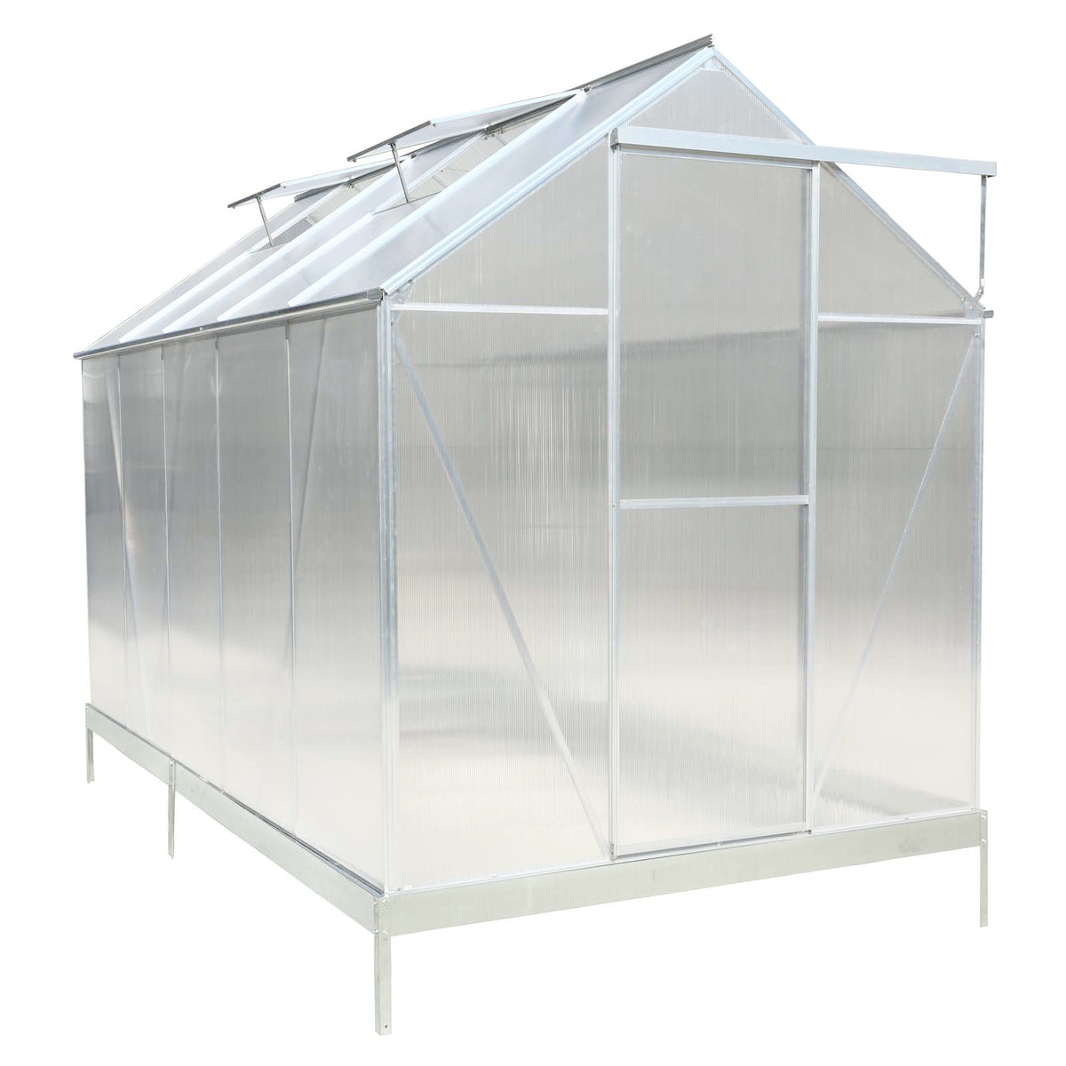 6.3'*10.2'*7' Polycarbonate Greenhouse, Heavy Duty Outdoor Aluminum Walk In Green House Kit With Rain Gutter, Vent And Door For Backyard Garden, Color Aluminium Silver Aluminium