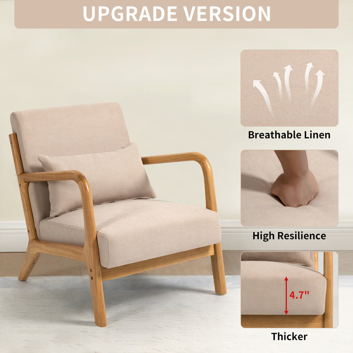 Leisure Chair With Solid Wood Armrest And Feet, Mid Century Modern Accent Sofa,1 Seat Beige Linen