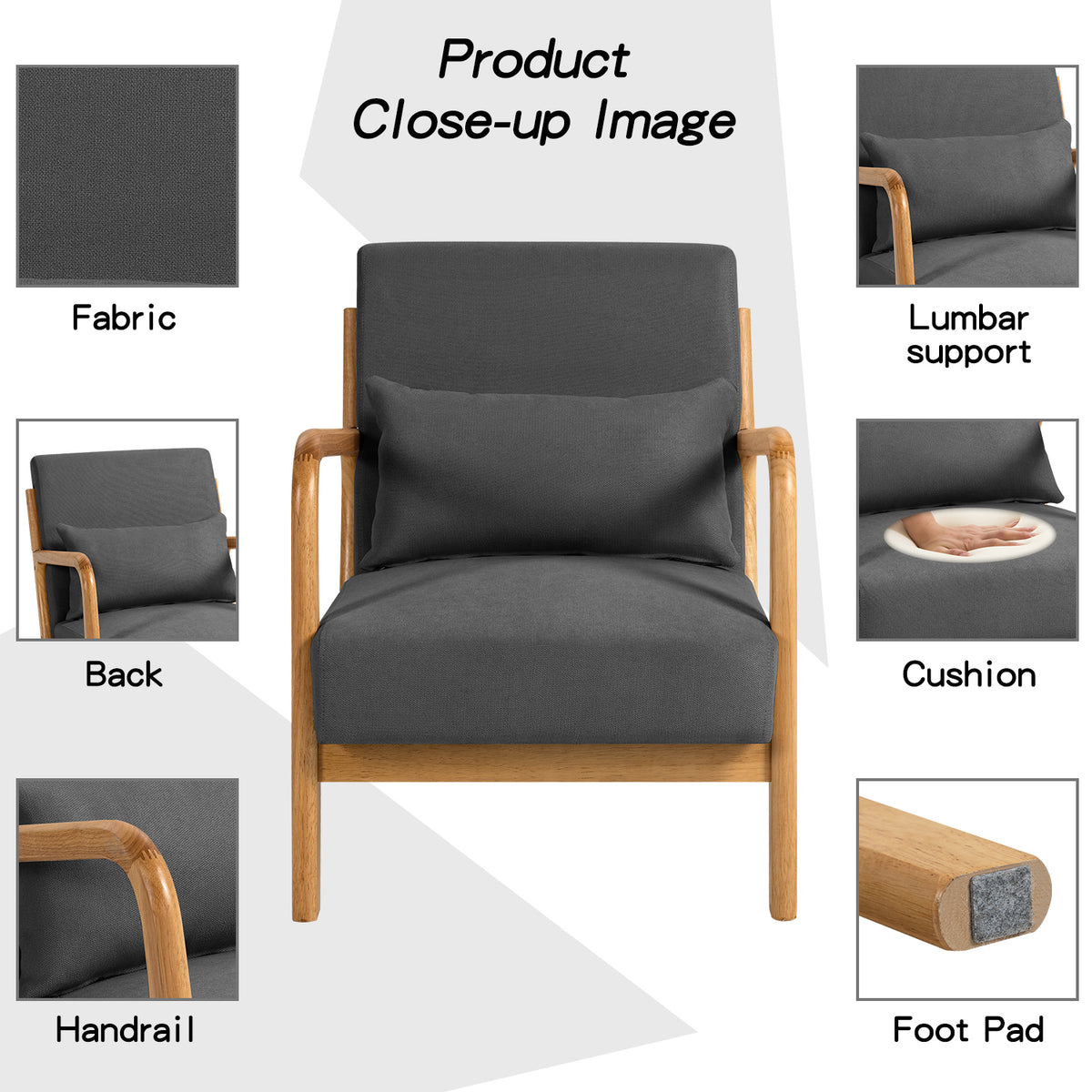 Leisure Chair With Solid Wood Armrest And Feet, Mid Century Modern Accent Sofa,1 Seat Dark Grey Linen