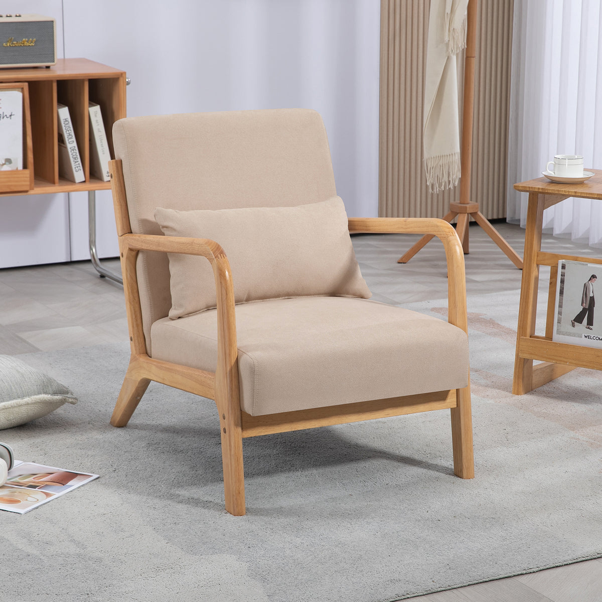 Leisure Chair With Solid Wood Armrest And Feet, Mid Century Modern Accent Sofa,1 Seat Beige Linen