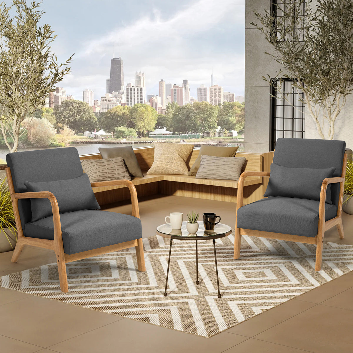 Leisure Chair With Solid Wood Armrest And Feet, Mid Century Modern Accent Sofa,1 Seat Dark Grey Linen