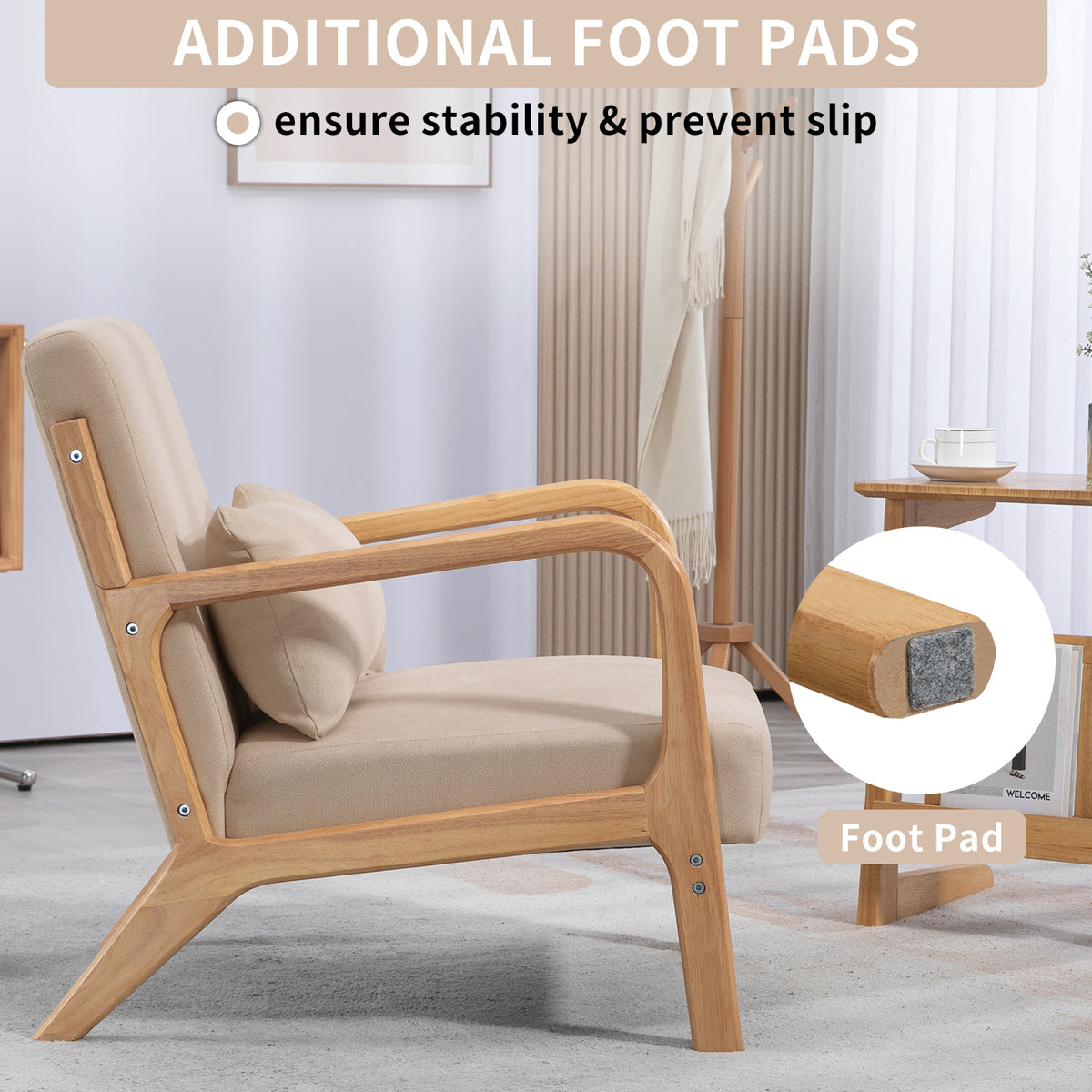 Leisure Chair With Solid Wood Armrest And Feet, Mid Century Modern Accent Sofa,1 Seat Beige Linen