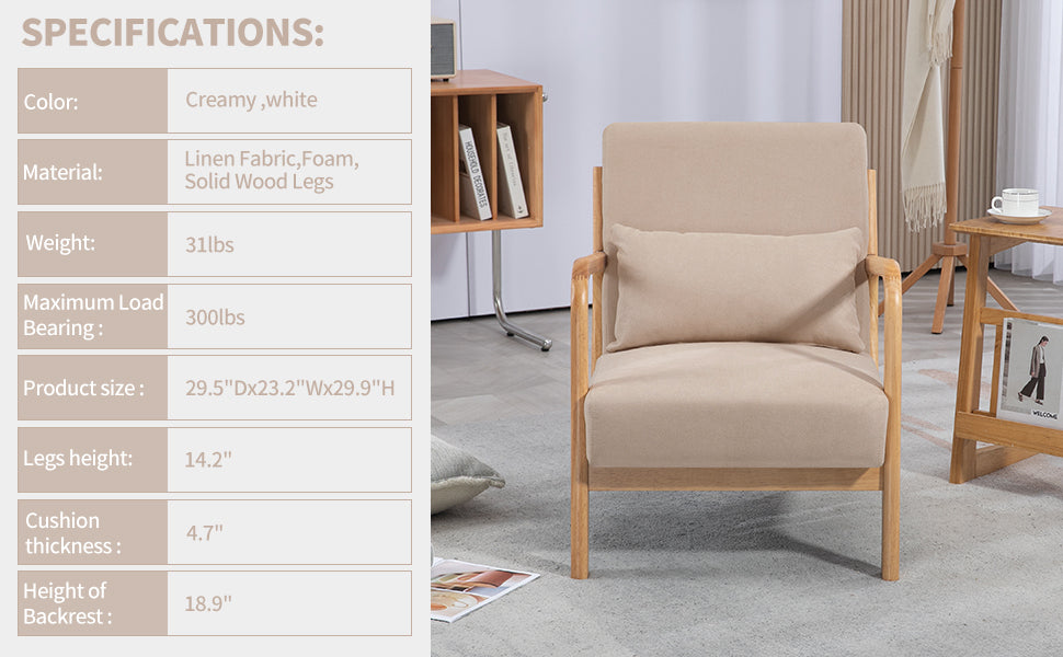 Leisure Chair With Solid Wood Armrest And Feet, Mid Century Modern Accent Sofa,1 Seat Beige Linen