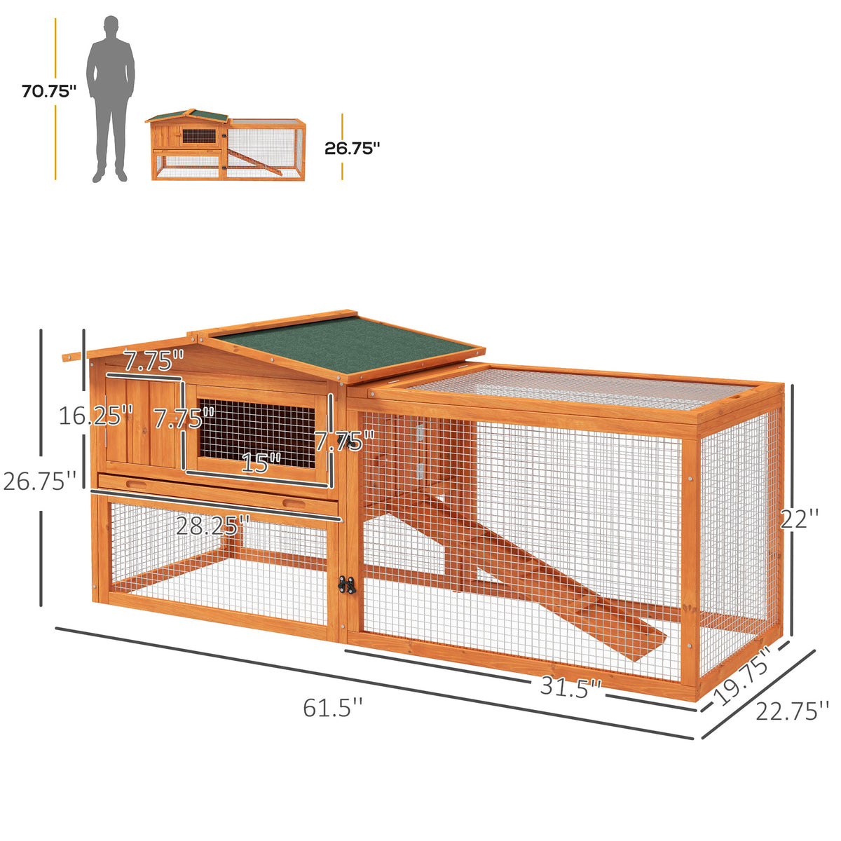 Pawhut Rabbit Hutch 2 Story Bunny Cage Small Animal House With Slide Out Tray, Detachable Run, For Indoor Outdoor, 61.5" X 23" X 27", Orange Orange Wood