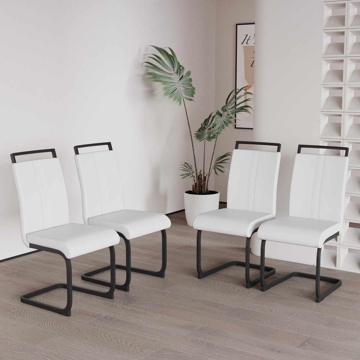Modern Dining Chairs,Pu Faux Leather High Back Upholstered Side Chair With C Shaped Tube. Black Metal Legs For Dining Room Kitchen Vanity Patio Club Guest Office Chair Set Of 4 White Pu White Kitchen Dining Chairs Foam Pu