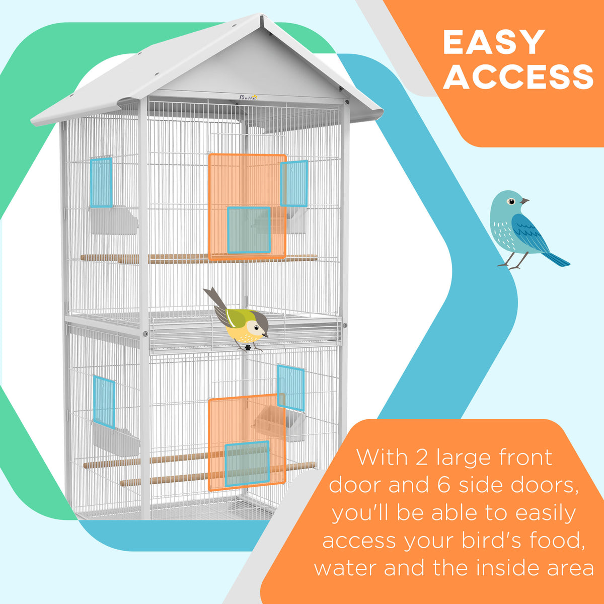 Pawhut Wrought Metal Bird Cage Feeder With Rolling Stand Perches Food Containers Doors Wheels 67" H, White White Wood
