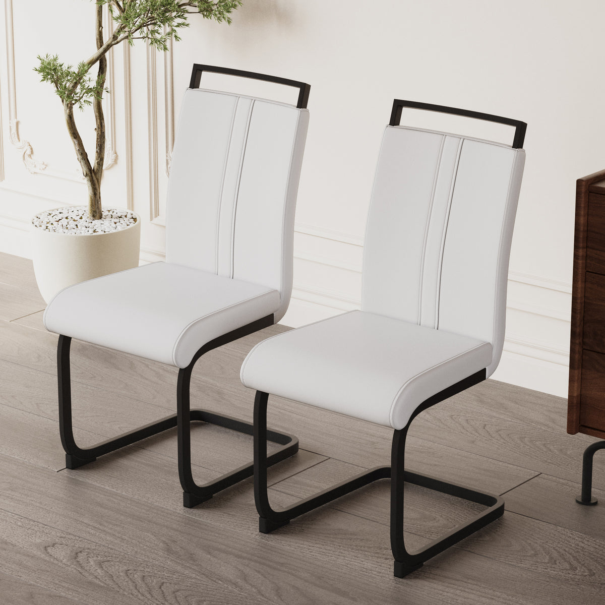 Modern Dining Chairs,Pu Faux Leather High Back Upholstered Side Chair With C Shaped Tube.Black Metal Legs For Dining Room Kitchen Vanity Patio Club Guest Office Chair Set Of 2 White Pu White Kitchen Dining Chairs Foam Pu