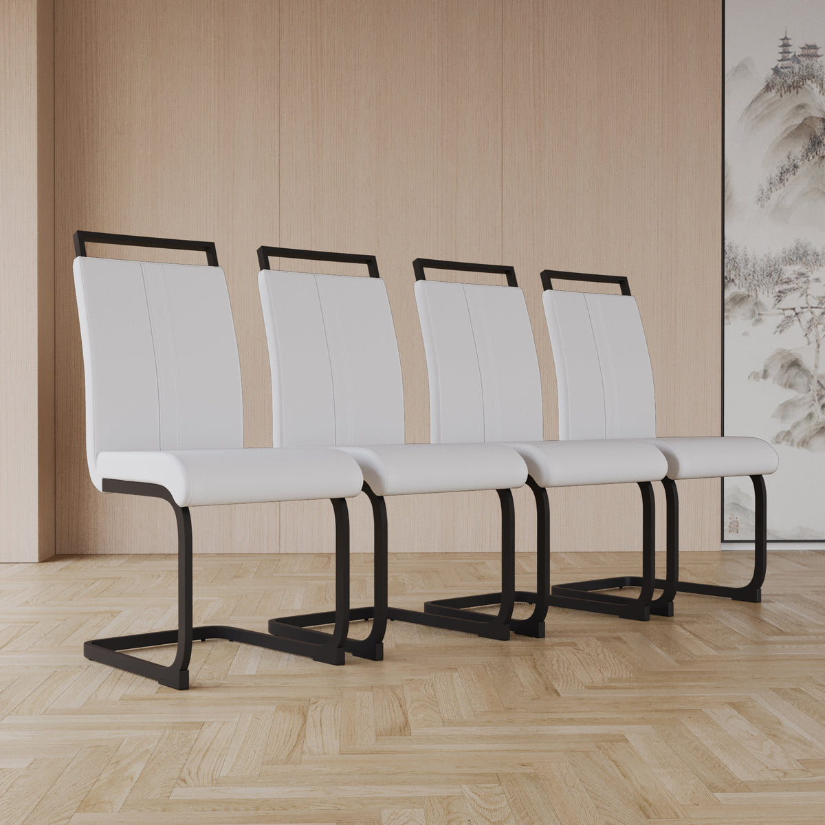 Modern Dining Chairs,Pu Faux Leather High Back Upholstered Side Chair With C Shaped Tube.Black Metal Legs For Dining Room Kitchen Vanity Patio Club Guest Office Chair Set Of 2 White Pu White Kitchen Dining Chairs Foam Pu
