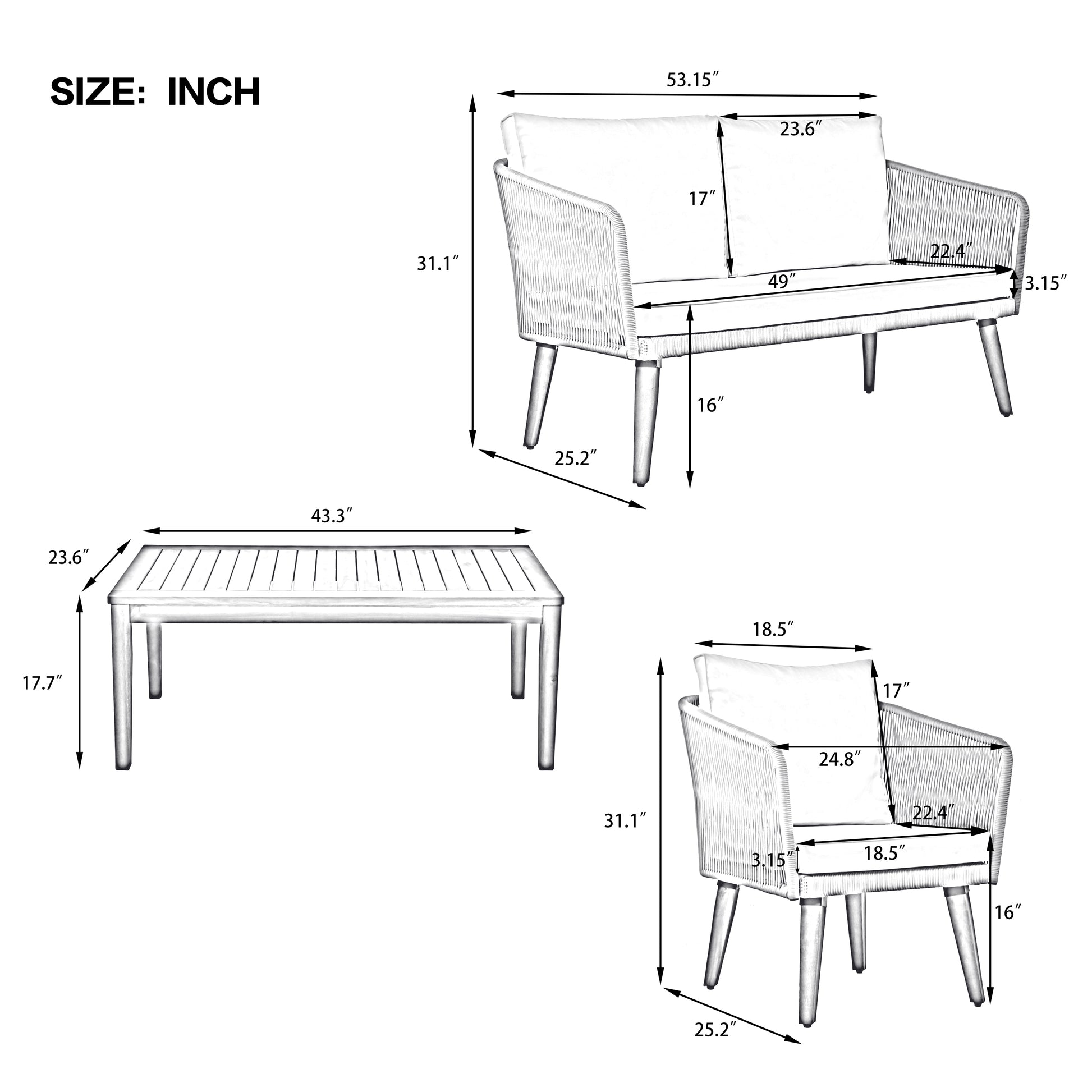 4 Piece Patio Conversation Set, Solid Wood Loveseat, 2 Chairs And Table, Outdoor Conversation Group With Cushions For Backyard, Poolside, Garden Beige Cushion Natural Rope Beige Natural Woven Rope