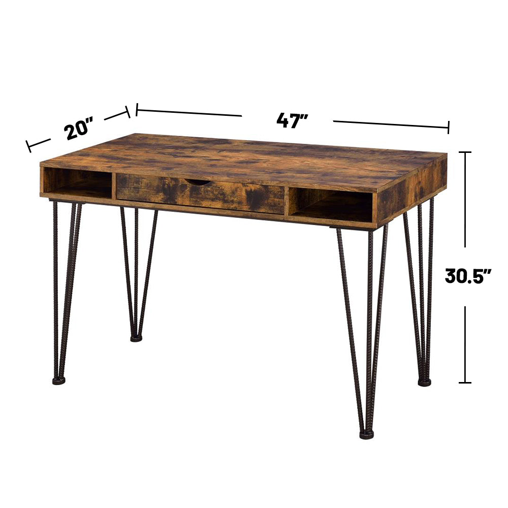 1 Drawer Writing Desk In Antique Nutmeg And Dark Bronze Brown Writting Desk Rectangular Mdf Metal