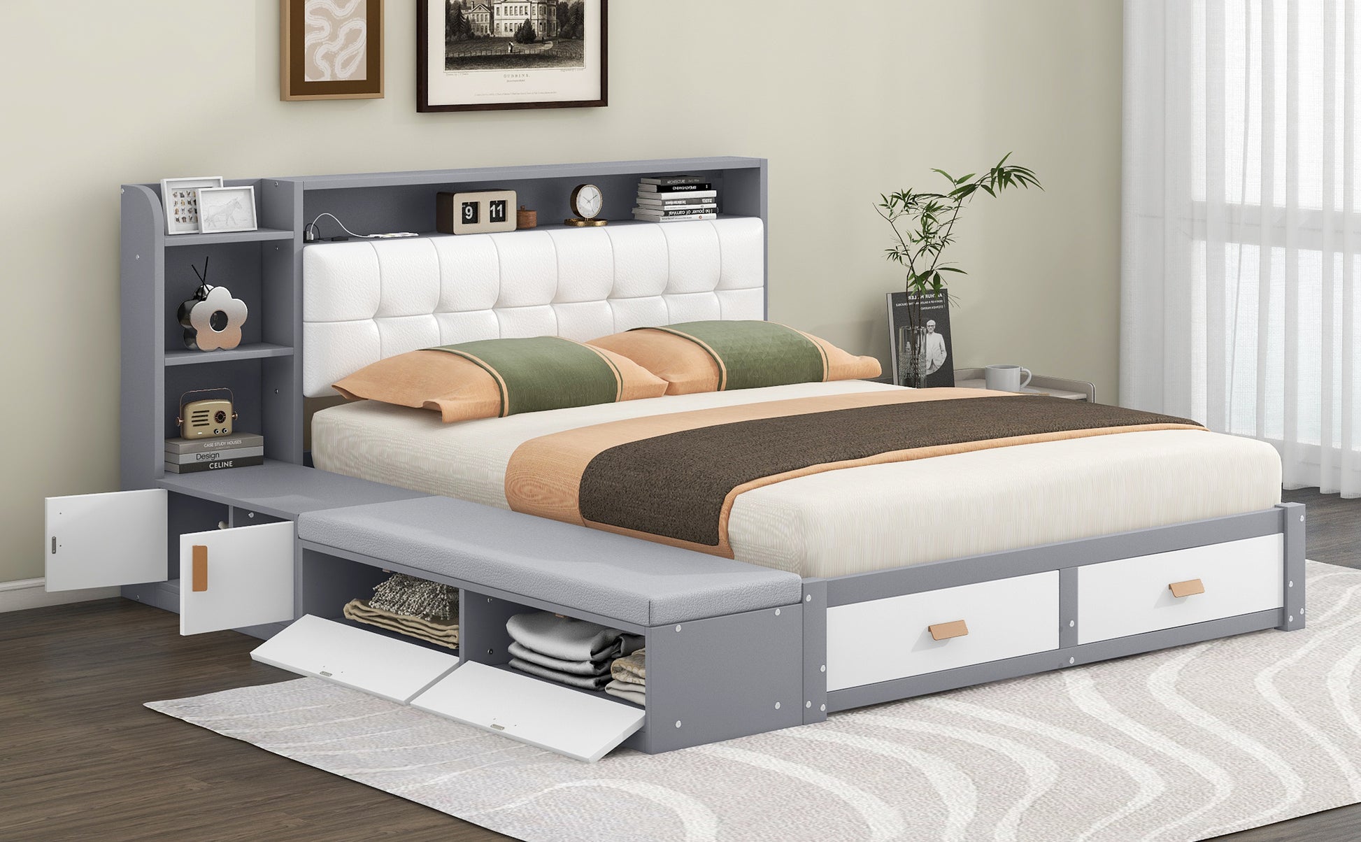 Queen Size Low Profile Platform Bed Frame With Upholstery Headboard And Storage Shelves And Drawers,Usb Charging Design,Gray Queen Gray Solid Wood Mdf