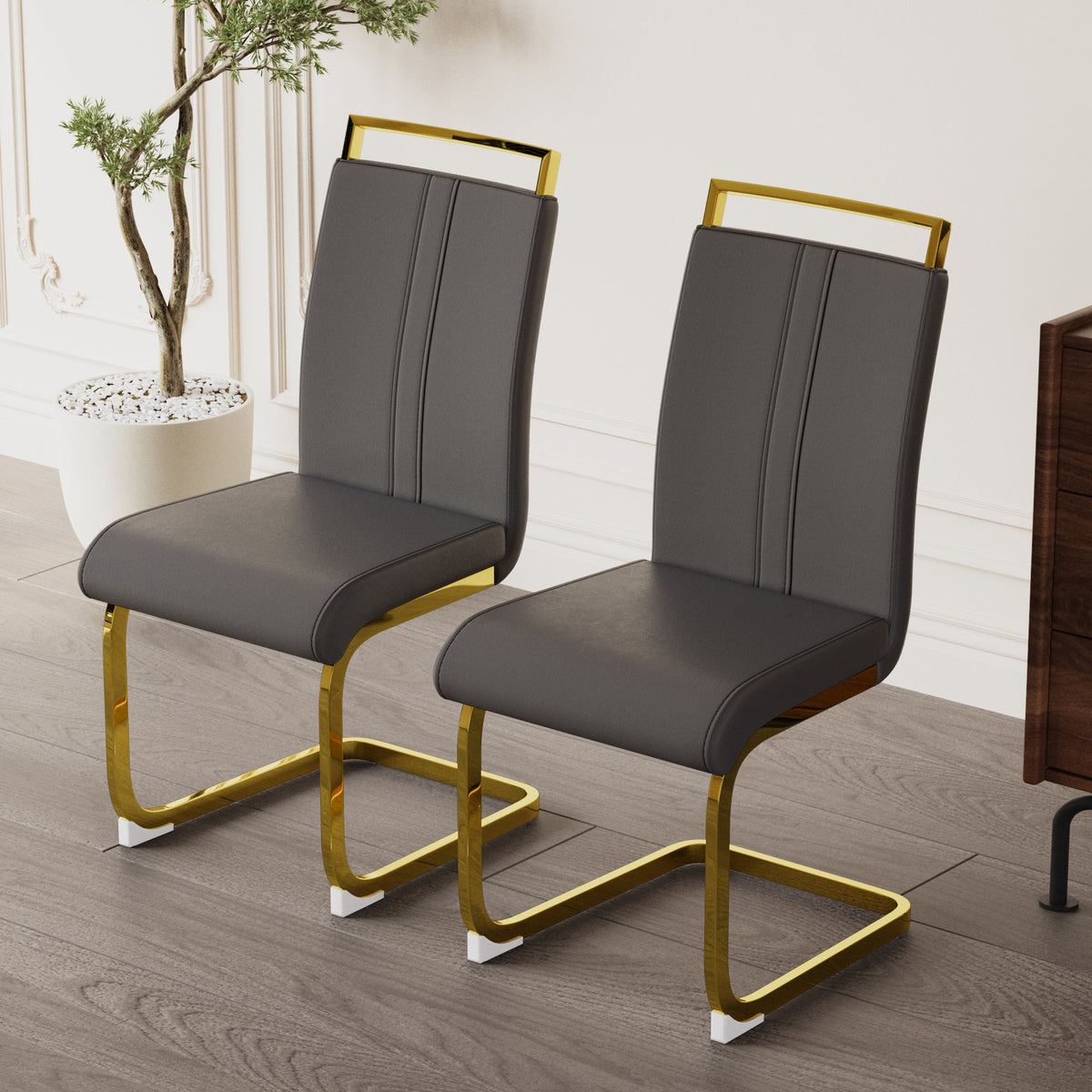 Modern Dining Chairs,Pu Faux Leather High Back Upholstered Side Chair With C Shaped Tube. Plating Golden Metal Legs For Dining Room Kitchen Vanity Patio Club Guest Office Chair Set Of 2 Grey Pu Grey Kitchen Dining Chairs Foam Pu