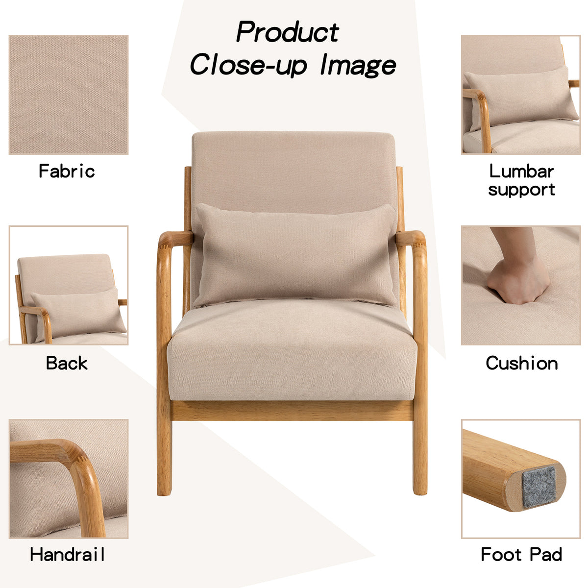 Leisure Chair With Solid Wood Armrest And Feet, Mid Century Modern Accent Sofa,1 Seat Beige Linen