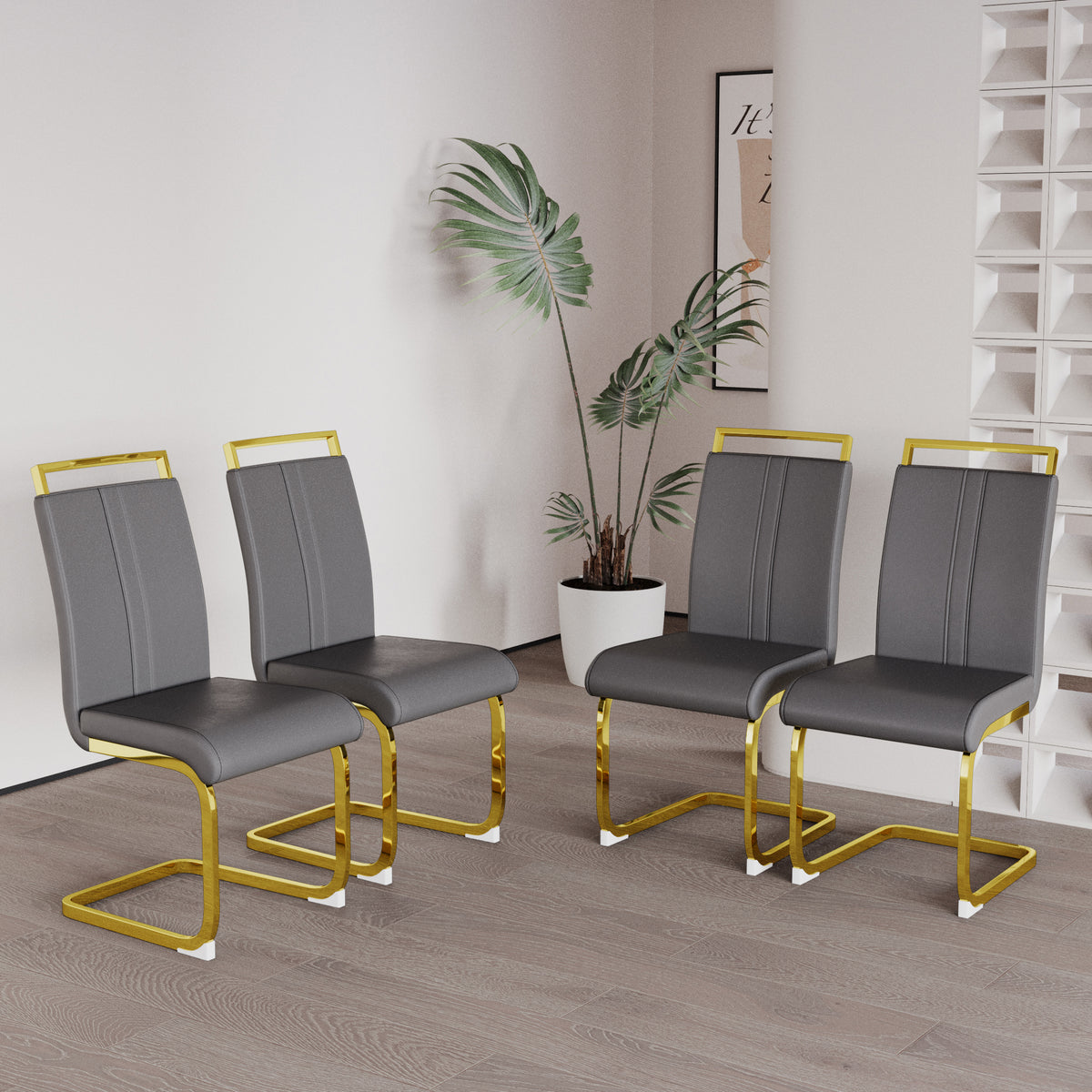 Modern Dining Chairs,Pu Faux Leather High Back Upholstered Side Chair With C Shaped Tube. Plating Golden Metal Legs For Dining Room Kitchen Vanity Patio Club Guest Office Chair Set Of 2 Grey Pu Grey Kitchen Dining Chairs Foam Pu
