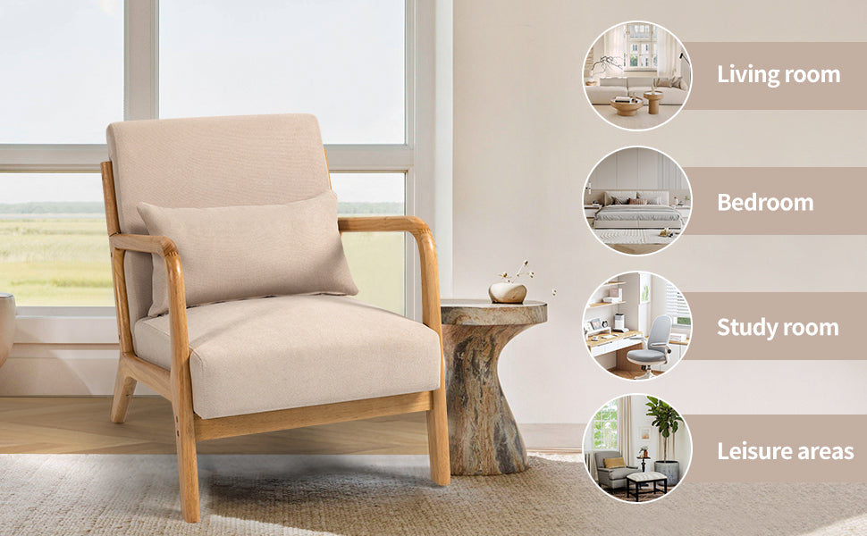 Leisure Chair With Solid Wood Armrest And Feet, Mid Century Modern Accent Sofa,1 Seat Beige Linen