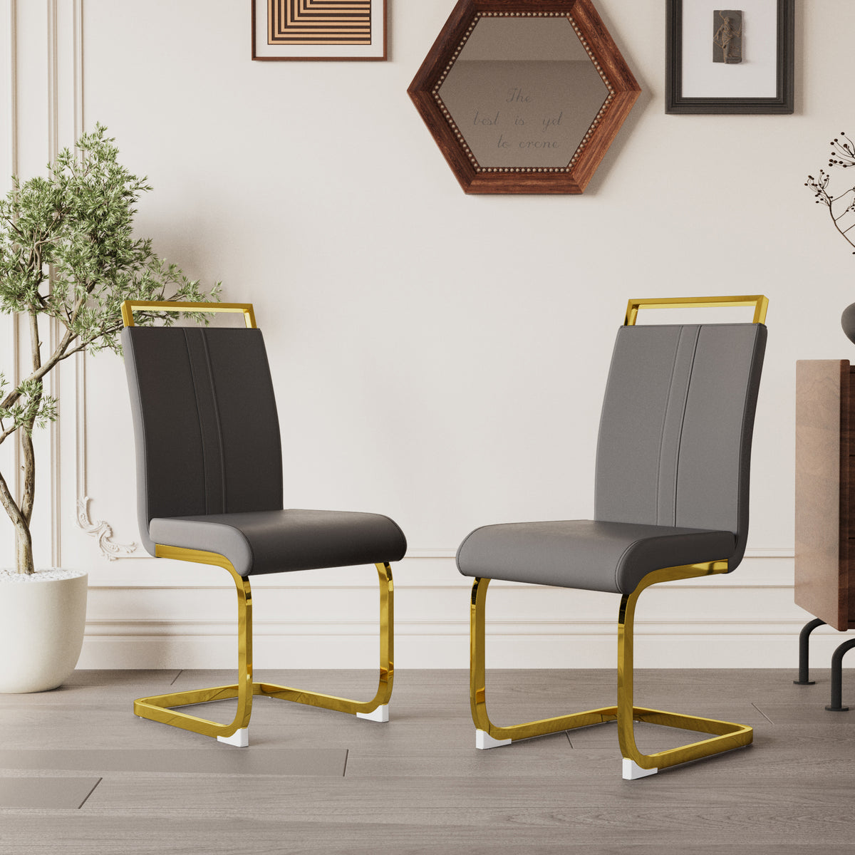 Modern Dining Chairs,Pu Faux Leather High Back Upholstered Side Chair With C Shaped Tube. Plating Golden Metal Legs For Dining Room Kitchen Vanity Patio Club Guest Office Chair Set Of 2 Grey Pu Grey Kitchen Dining Chairs Foam Pu