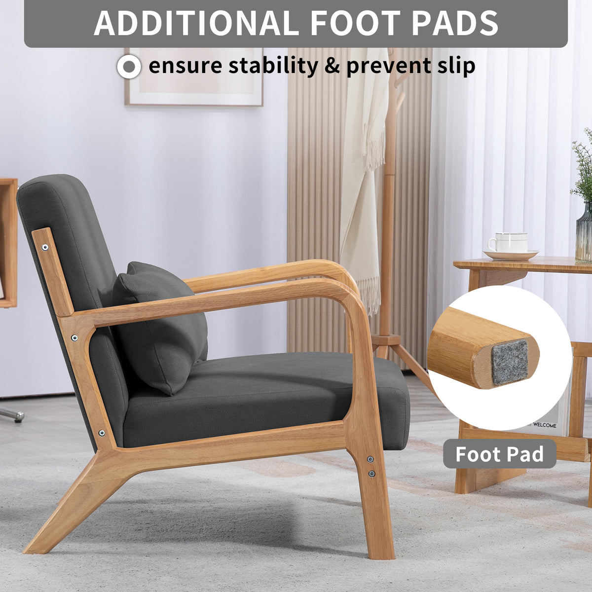 Leisure Chair With Solid Wood Armrest And Feet, Mid Century Modern Accent Sofa,1 Seat Dark Grey Linen