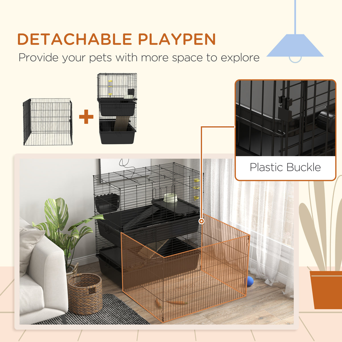 Pawhut Small Animal Cage With Playpen, Multi Level Pet Habitat Indoor For Guinea Pigs Hedgehogs Bunnies With Accessories, Water Bottle, Food Dish, Feeding Trough, 42" X 33" X 36" Black Steel