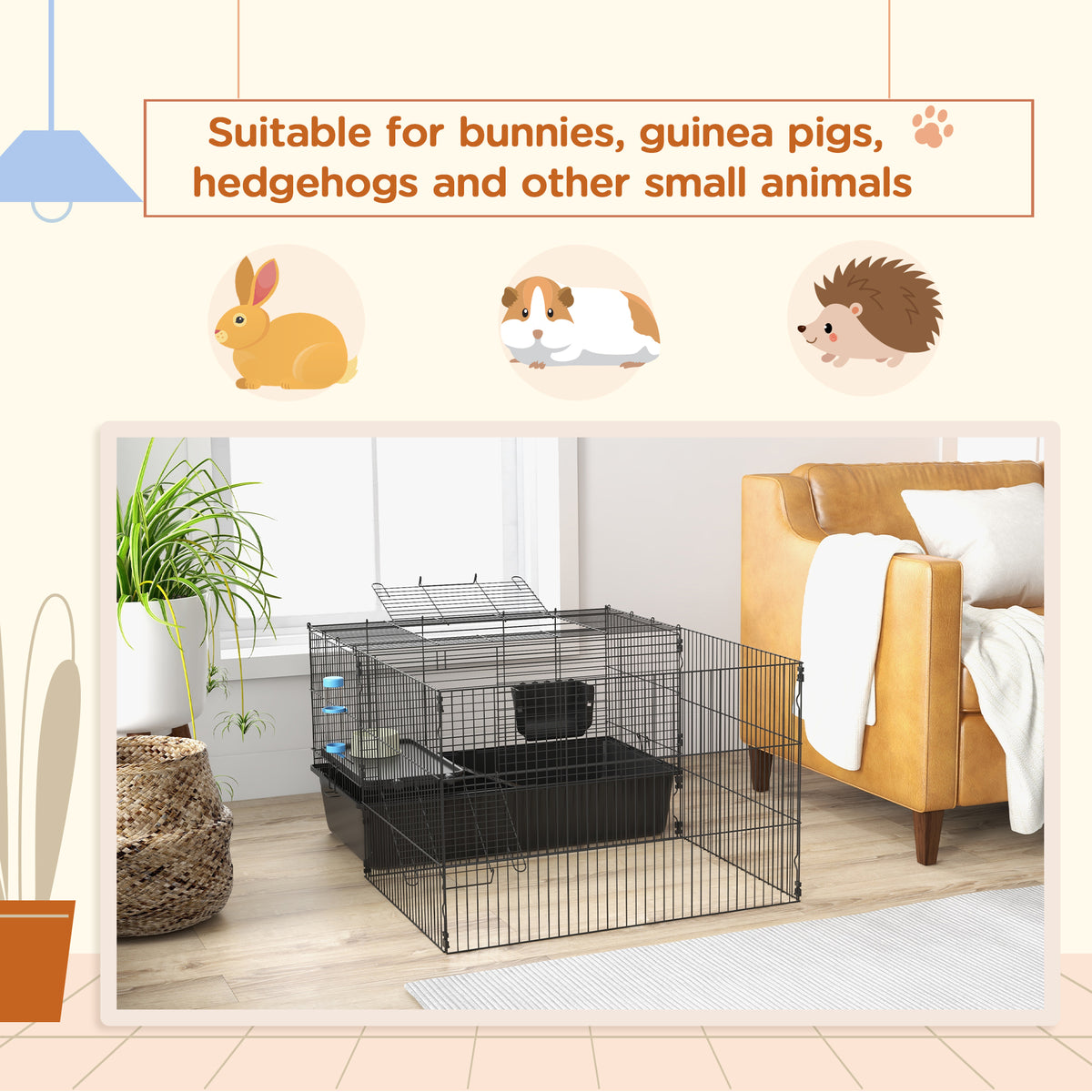 Pawhut Small Animal Cage With Playpen, Pet Habitat Indoor For Guinea Pigs Hedgehogs Bunnies With Accessories, Water Bottle, Food Dish, Feeding Trough, 42" X 33" X 21" Black Steel
