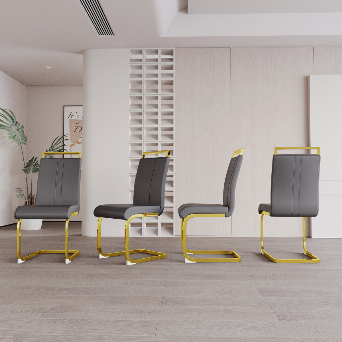 Modern Dining Chairs,Pu Faux Leather High Back Upholstered Side Chair With C Shaped Tube. Plating Golden Metal Legs For Dining Room Kitchen Vanity Patio Club Guest Office Chair Set Of 2 Grey Pu Grey Kitchen Dining Chairs Foam Pu