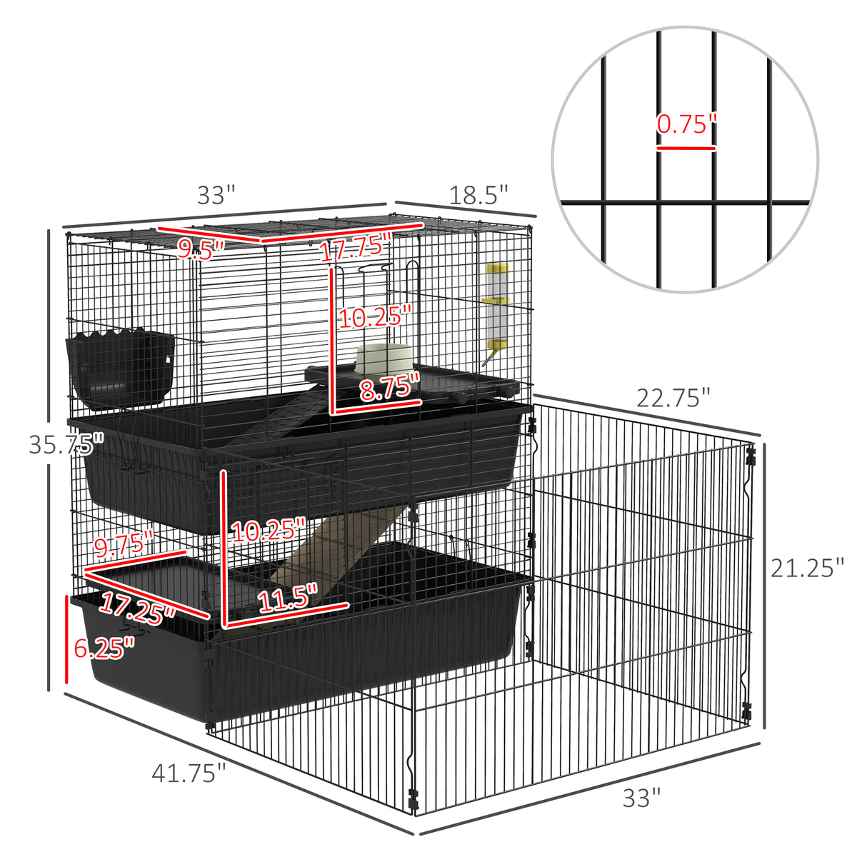 Pawhut Small Animal Cage With Playpen, Multi Level Pet Habitat Indoor For Guinea Pigs Hedgehogs Bunnies With Accessories, Water Bottle, Food Dish, Feeding Trough, 42" X 33" X 36" Black Steel