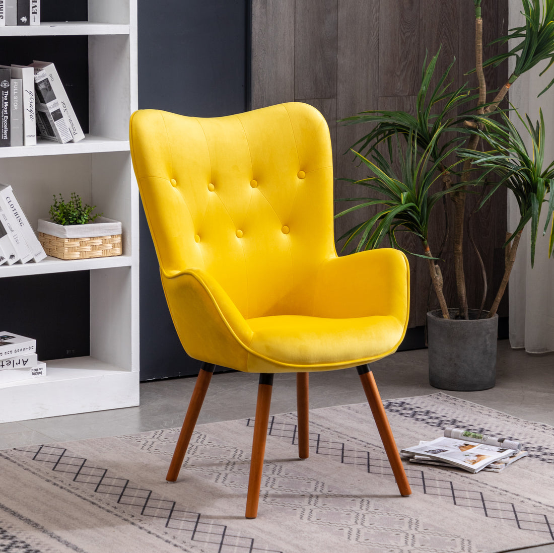 Doarnin Contemporary Silky Velvet Tufted Button Back Accent Chair, Yellow Yellow Polyester