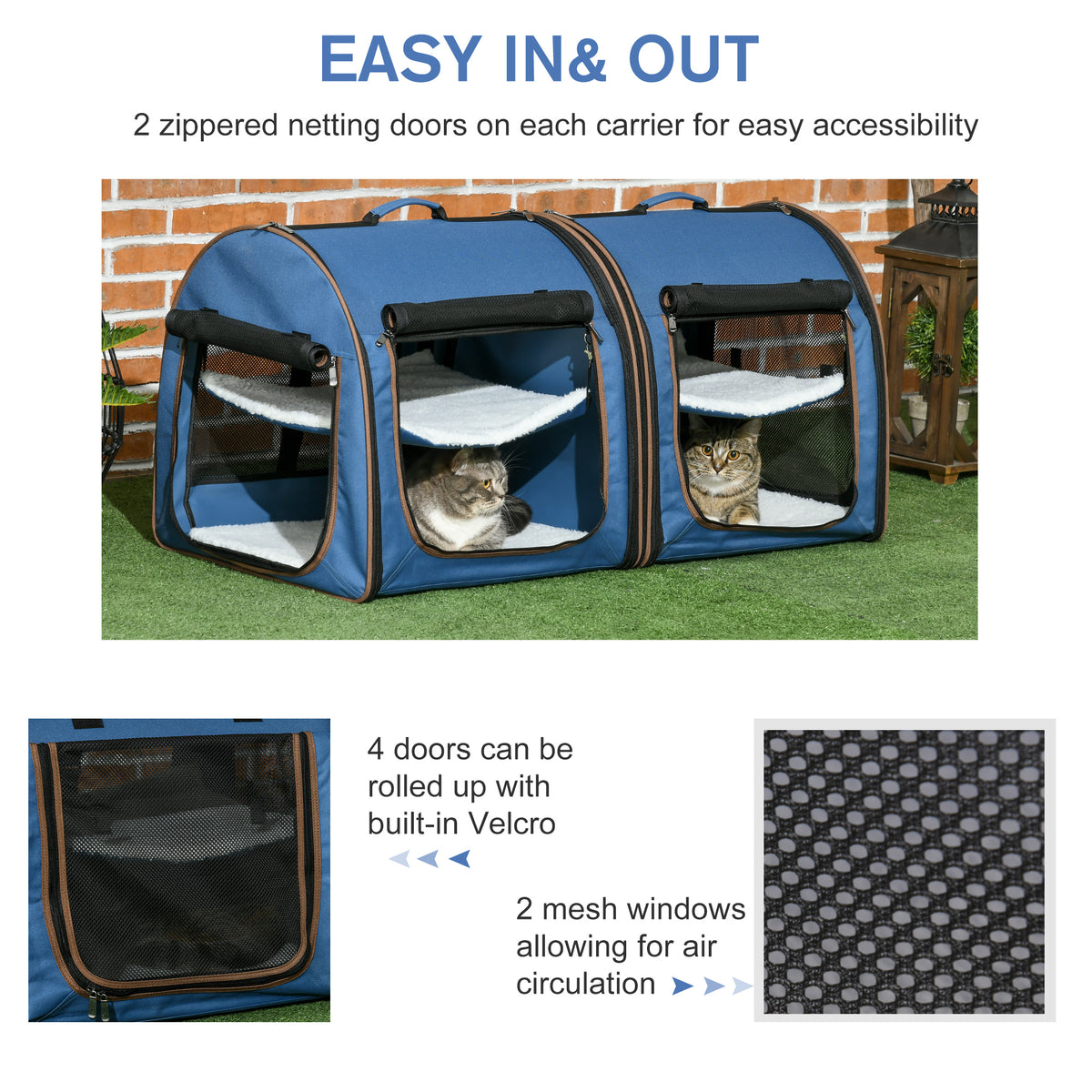 Pawhut 39" Portable Soft Sided Pet Cat Carrier With Divider, Two Compartments, Soft Cushions, & Storage Bag, Blue Blue Metal