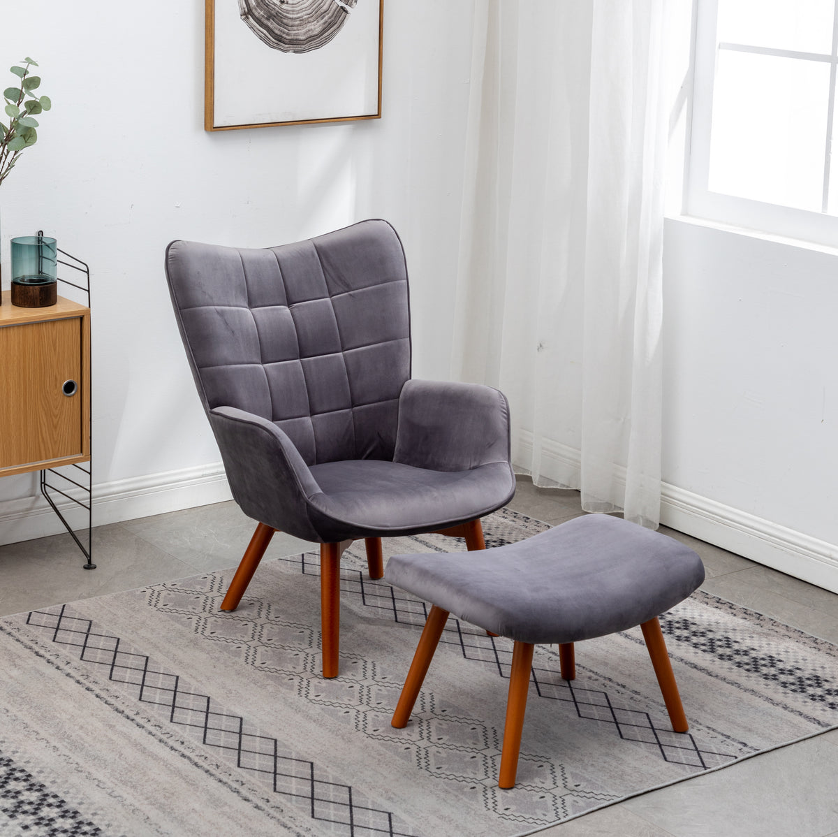 Leiria Contemporary Silky Velvet Tufted Accent Chair With Ottoman, Gray Gray Primary Living Space Rubberwood Polyester