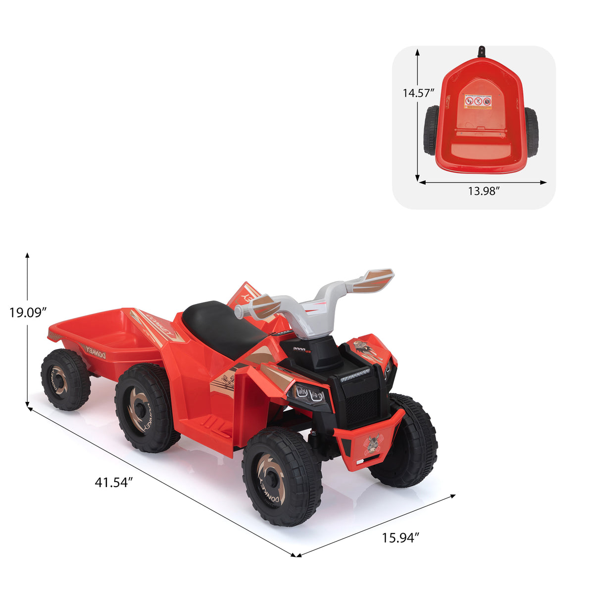 6V Kids Electric Atv, Toddler Ride On Car With Trailer, Music, Bluetooth And Power Display For Boys And Girls, Red White Polypropylene