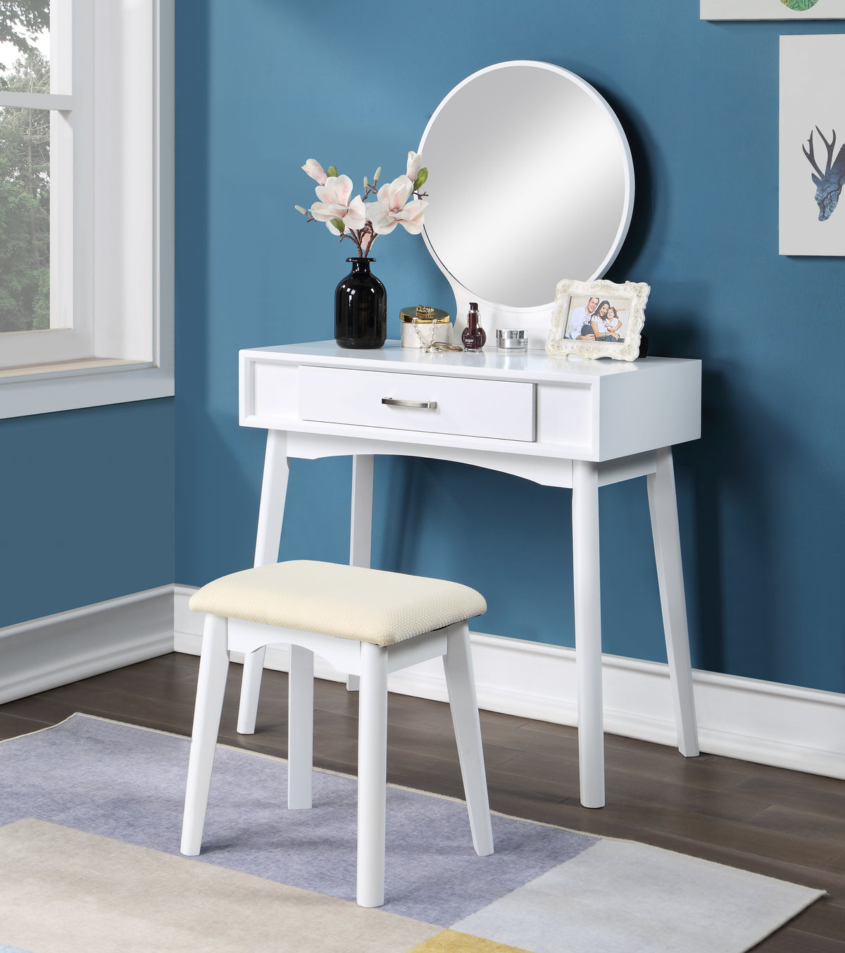 Maly Contemporary Wood Vanity And Stool Set, White White Wood