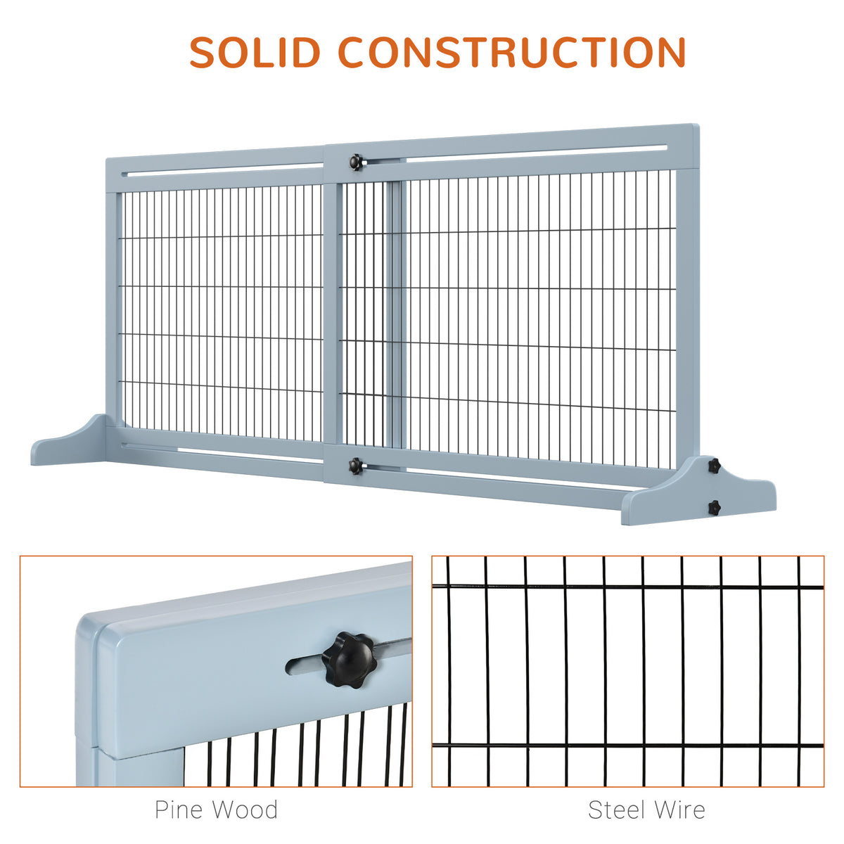 Pawhut 72" W X 27.25" H Extra Wide Freestanding Pet Gate With Adjustable Length Dog, Cat, Barrier For House, Doorway, Hallway, Blue Grey Gray Wood