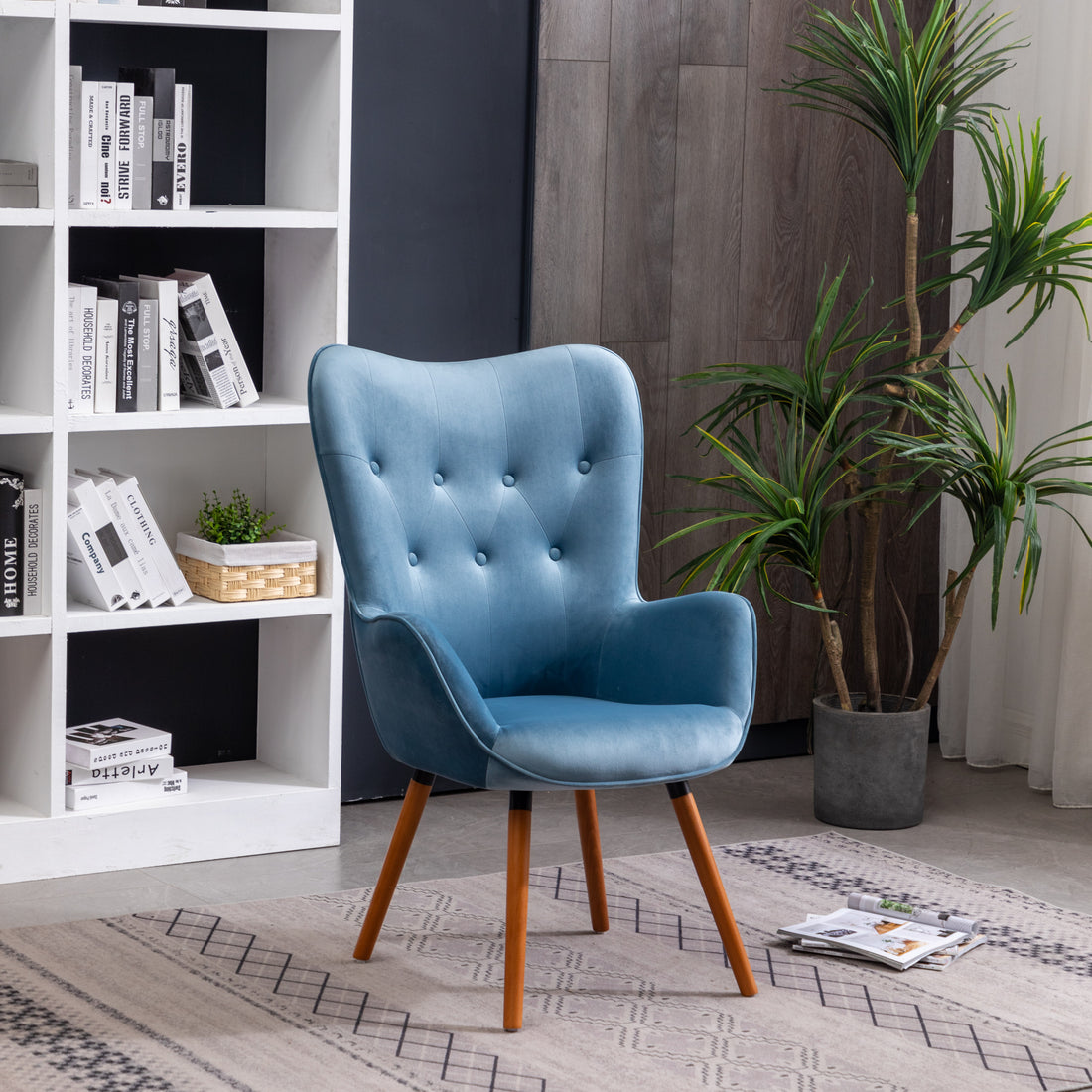 Doarnin Contemporary Silky Velvet Tufted Button Back Accent Chair, Blue Blue Polyester