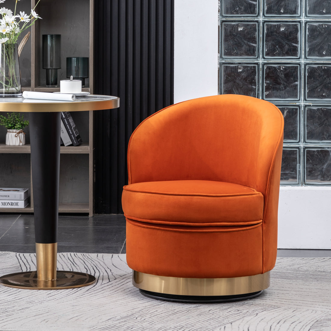 Wania Contemporary Velvet Swivel Chair, Orange Orange Velvet