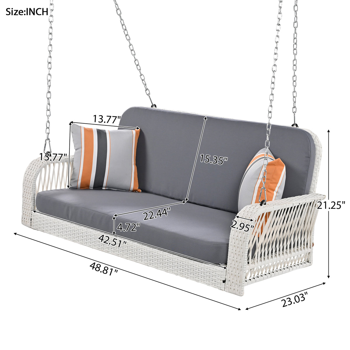 Pe Wicker Porch Swing, 2 Seater Hanging Bench With Chains, Patio Furniture Swing For Backyard Garden Poolside, White And Gray Grey White Foam Wicker