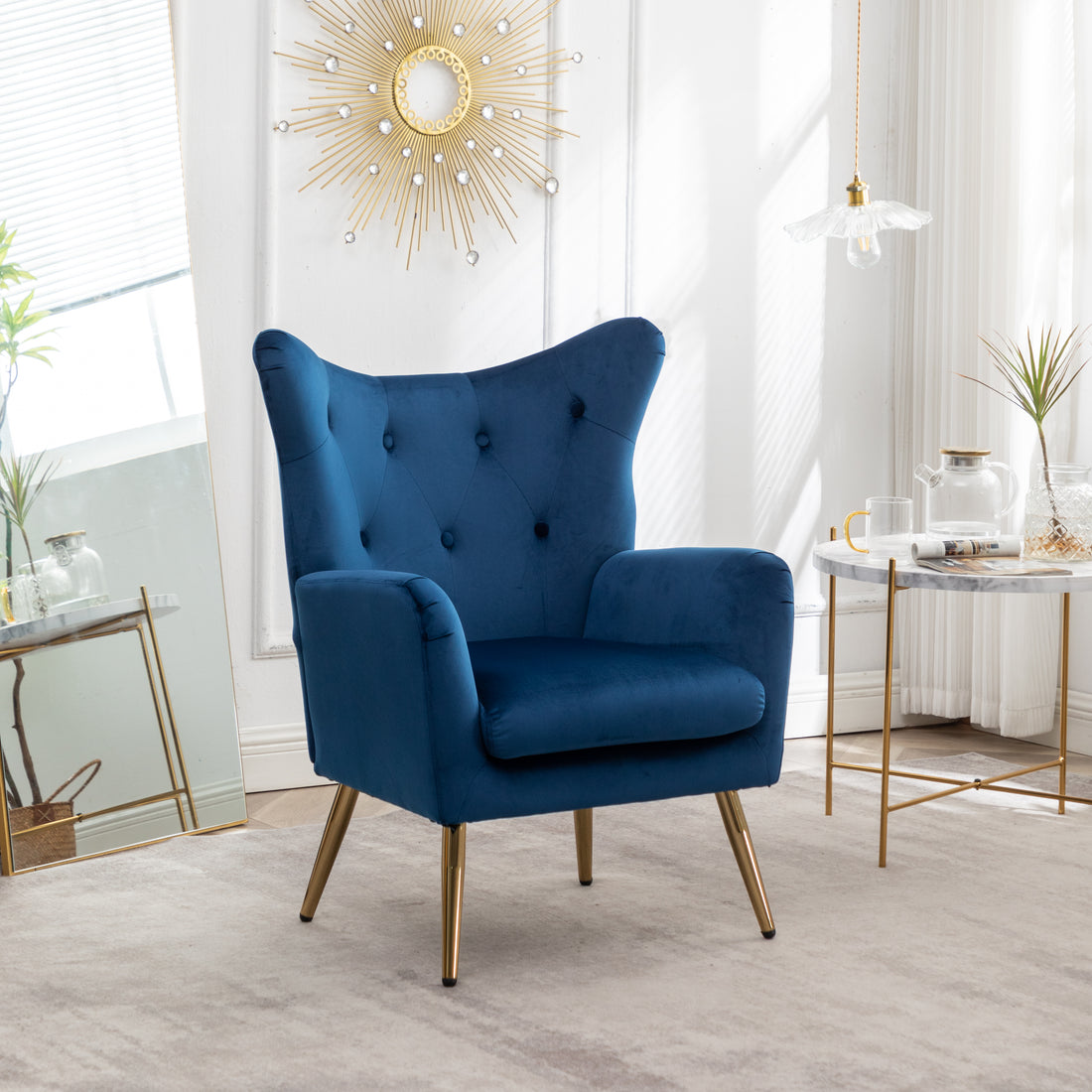 Sovarol Velvet Button Tufted Wing Back Accent Chair, Blue Blue Velvet
