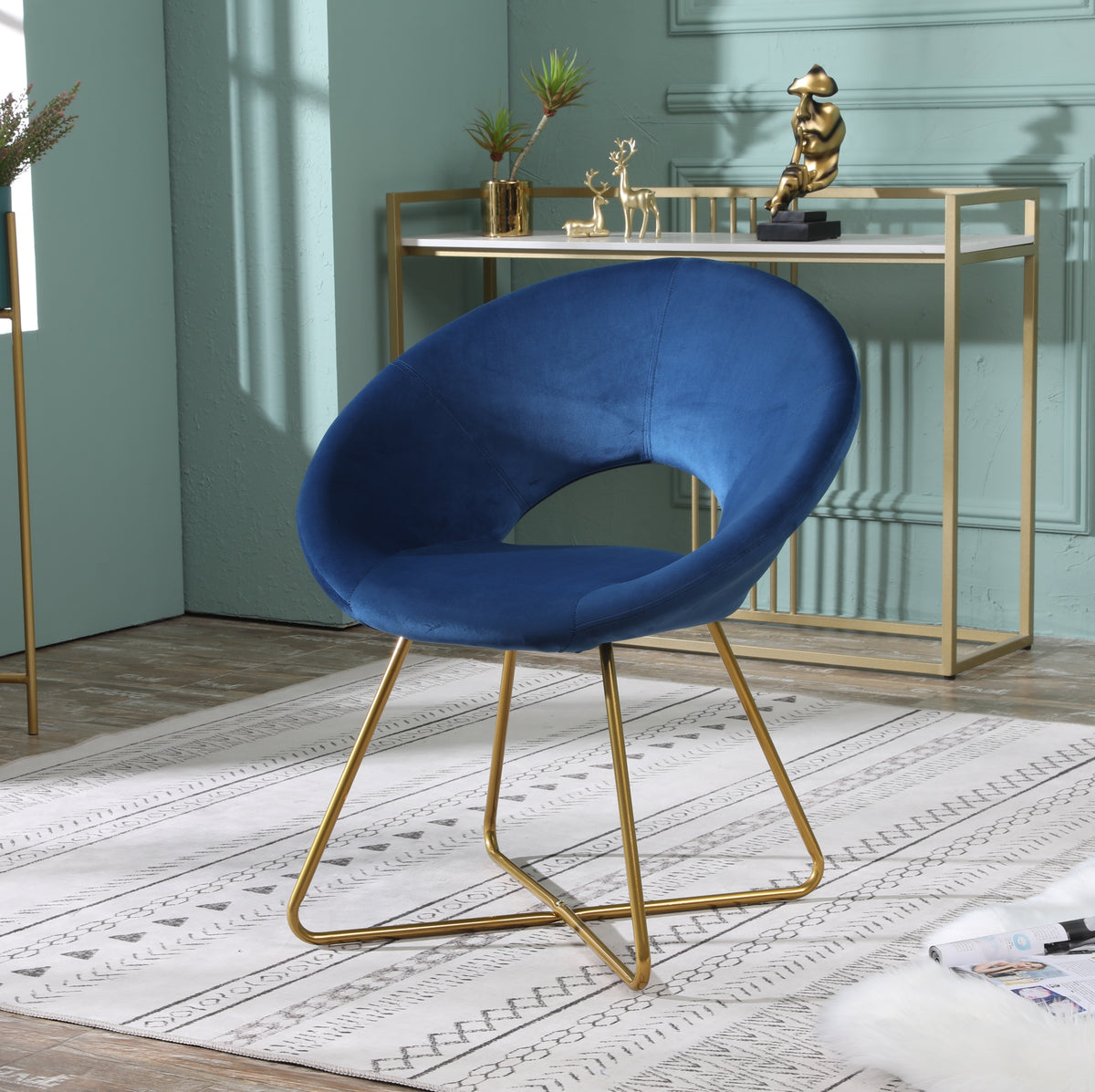 Slatina Blue Silky Velvet Upholstered Accent Chair With Gold Tone Finished Base Blue Polyester