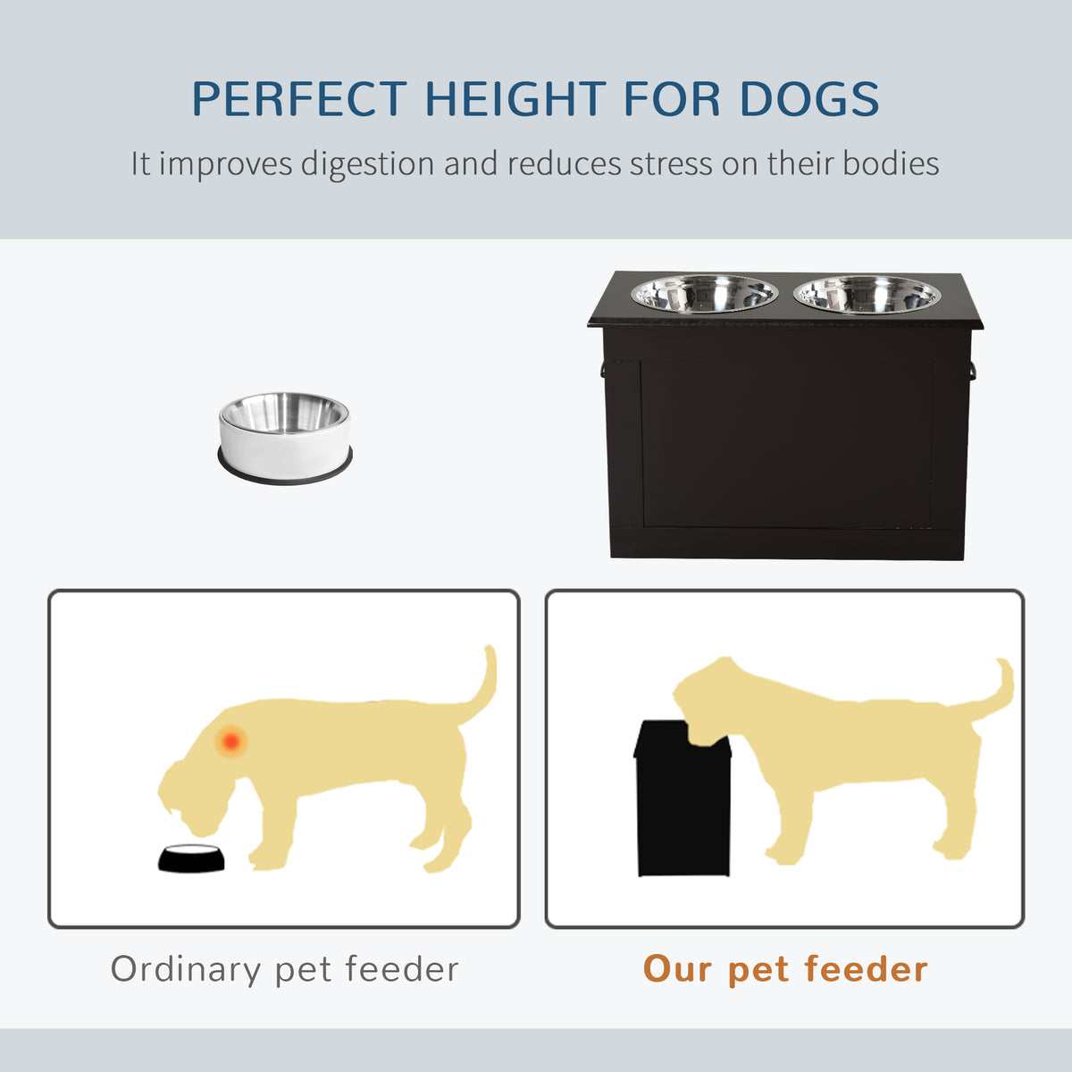 Pawhut Raised Pet Feeding Storage Station With 2 Stainless Steel Bowls Base For Large Dogs And Other Large Pets, Dark Brown Brown Steel