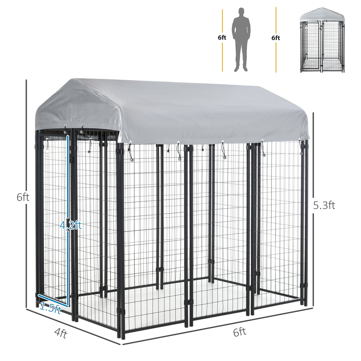 Pawhut 6' X 4' X 6' Dog Playpen Outdoor, Dog Kennel Dog Exercise Pen With Lockable Door, Water Resistant Canopy, For Medium And Large Dogs Black Steel