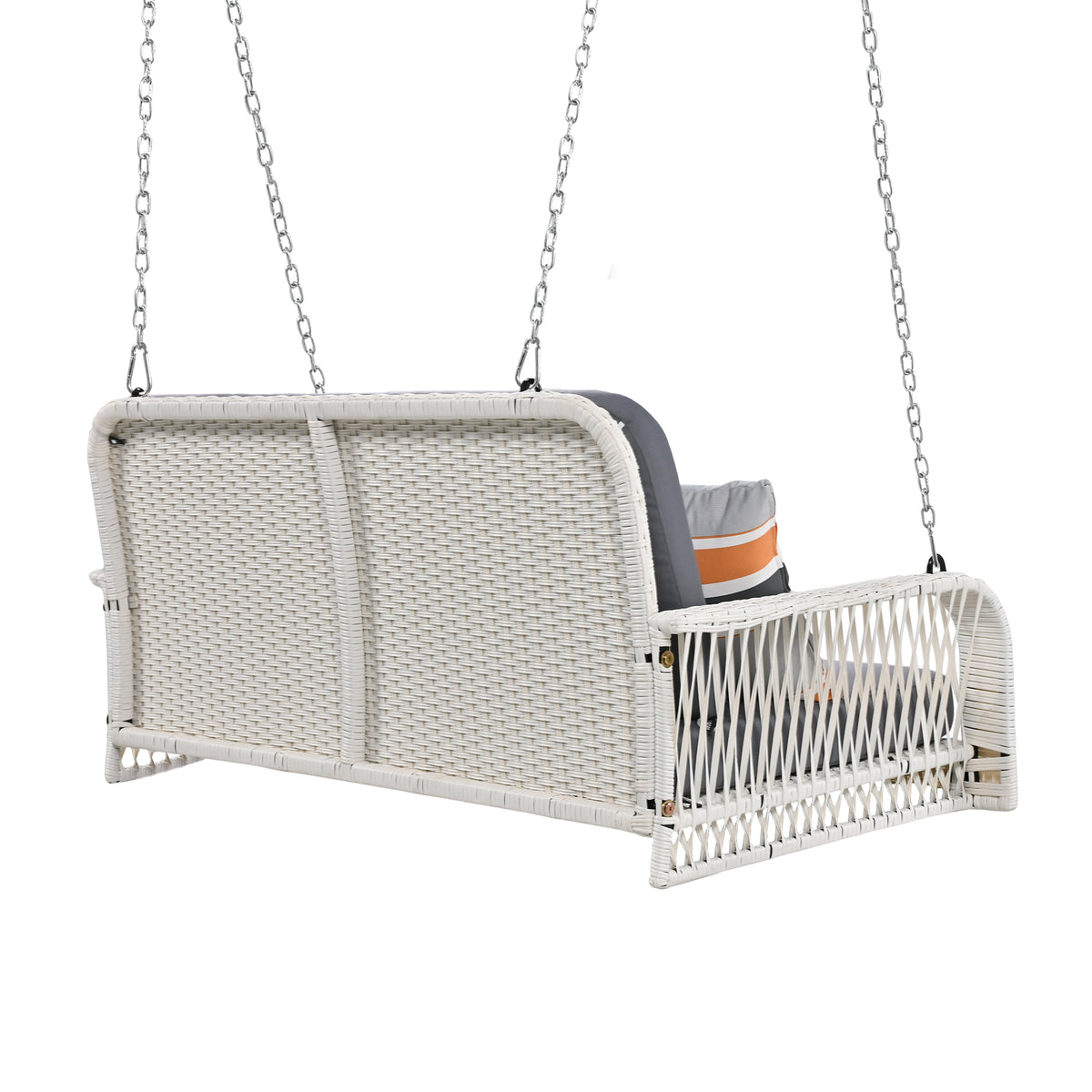 Pe Wicker Porch Swing, 2 Seater Hanging Bench With Chains, Patio Furniture Swing For Backyard Garden Poolside, White And Gray Grey White Foam Wicker