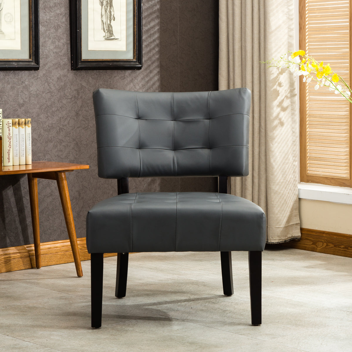 Blended Leather Tufted Accent Chair With Oversized Seating, Gray Gray Wood