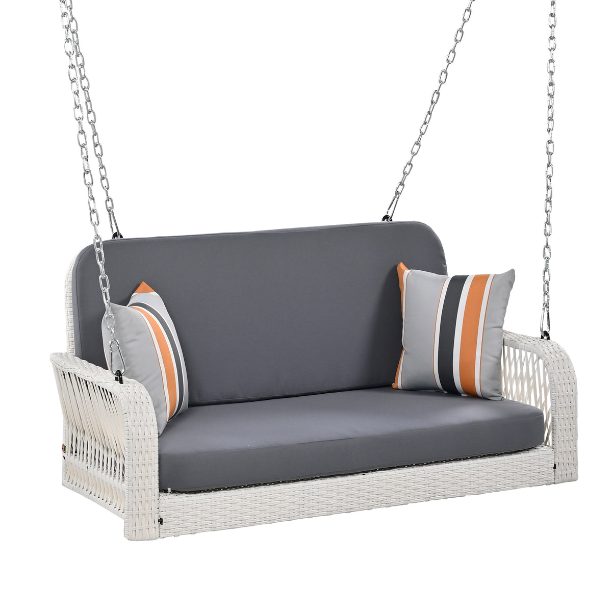 Pe Wicker Porch Swing, 2 Seater Hanging Bench With Chains, Patio Furniture Swing For Backyard Garden Poolside, White And Gray Grey White Foam Wicker