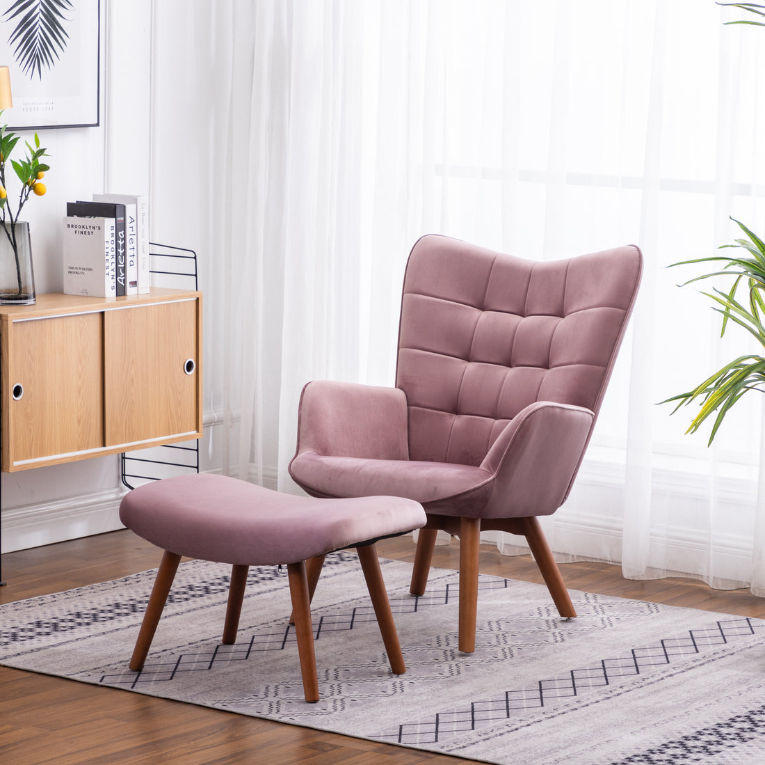 Leiria Contemporary Silky Velvet Tufted Accent Chair With Ottoman, Mauve Mauve Polyester