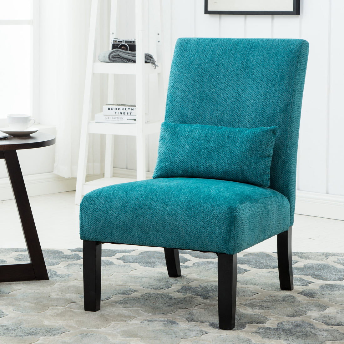 Pisano Contemporary Chenille Fabric Armless Accent Chair With Pillow, Teal Blue Teal Blue Polyester