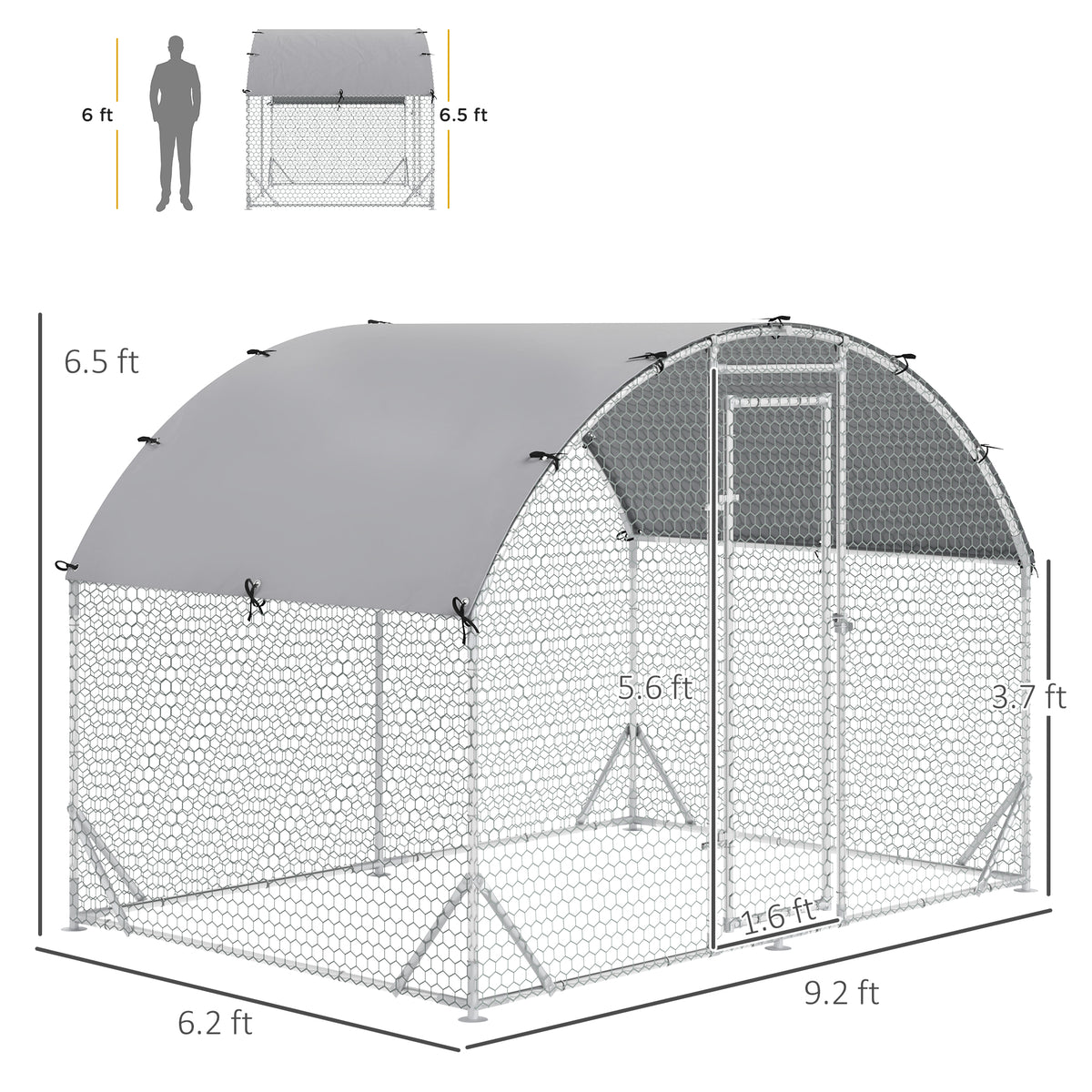 Pawhut Large Chicken Coop Metal Chicken Run With Waterproof And Anti Uv Cover, Dome Shaped Walk In Fence Cage Hen House For Outdoor And Yard Farm Use, 1" Tube Diameter, 9.2' X 6.2' X 6.5' Silver Steel