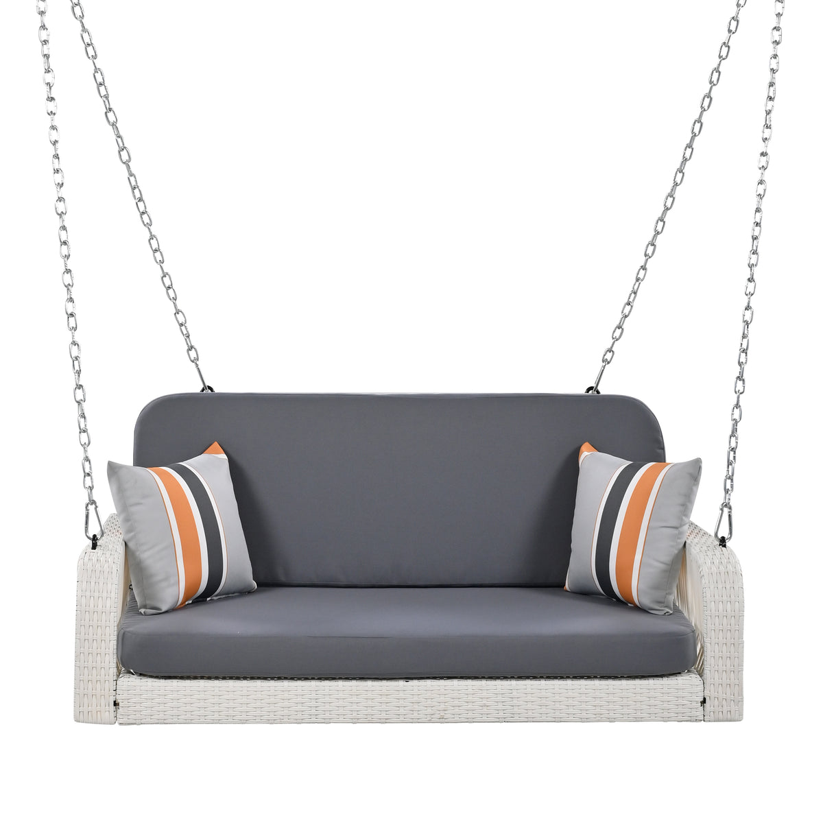 Pe Wicker Porch Swing, 2 Seater Hanging Bench With Chains, Patio Furniture Swing For Backyard Garden Poolside, White And Gray Grey White Foam Wicker